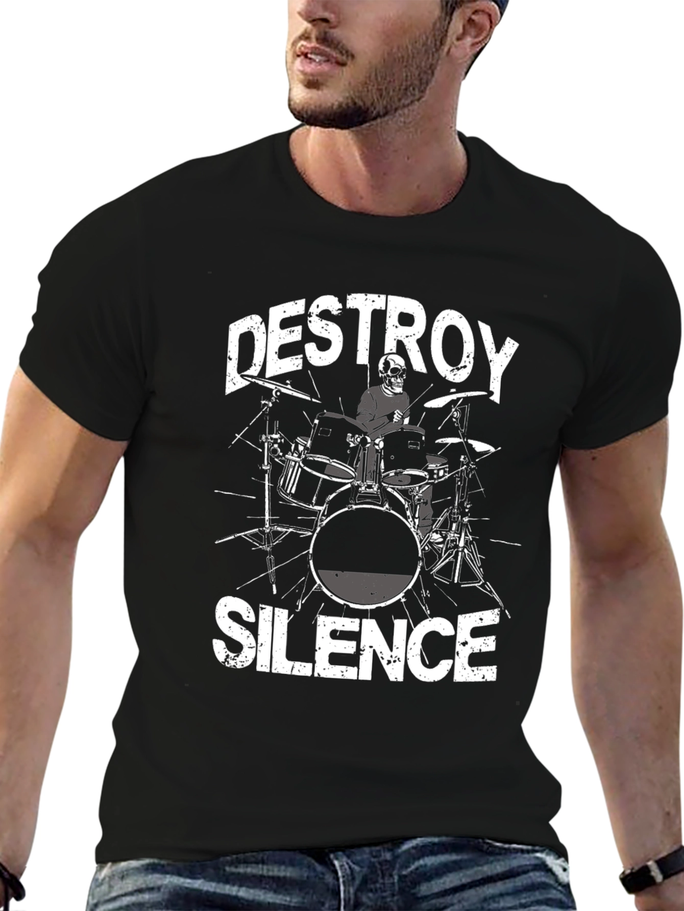 Black Destroy Silence T-Shirt: Drummer Skeleton Tee view 6