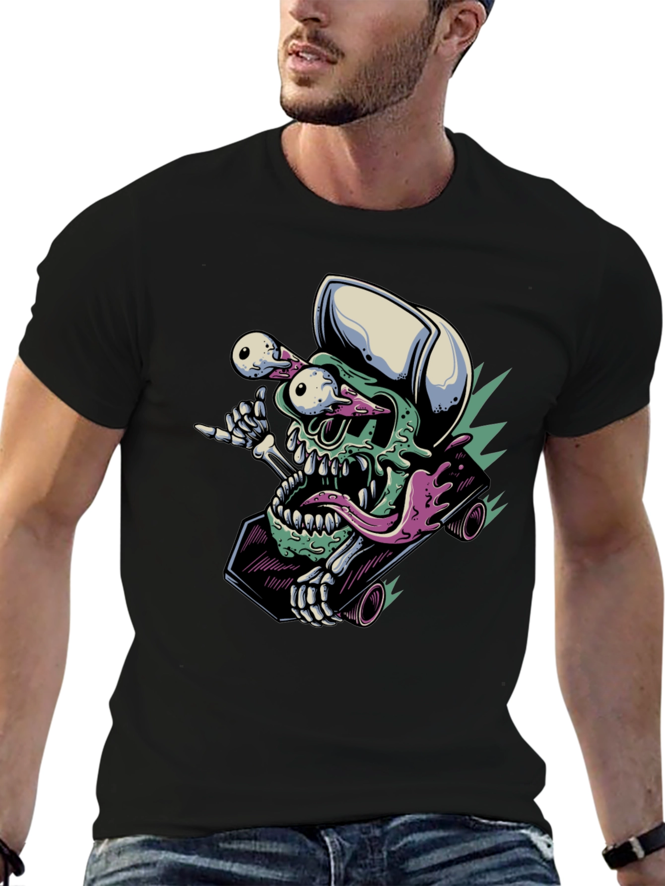 Black Skateboarding Skull T-Shirt - Unique Graphic Tee view 6