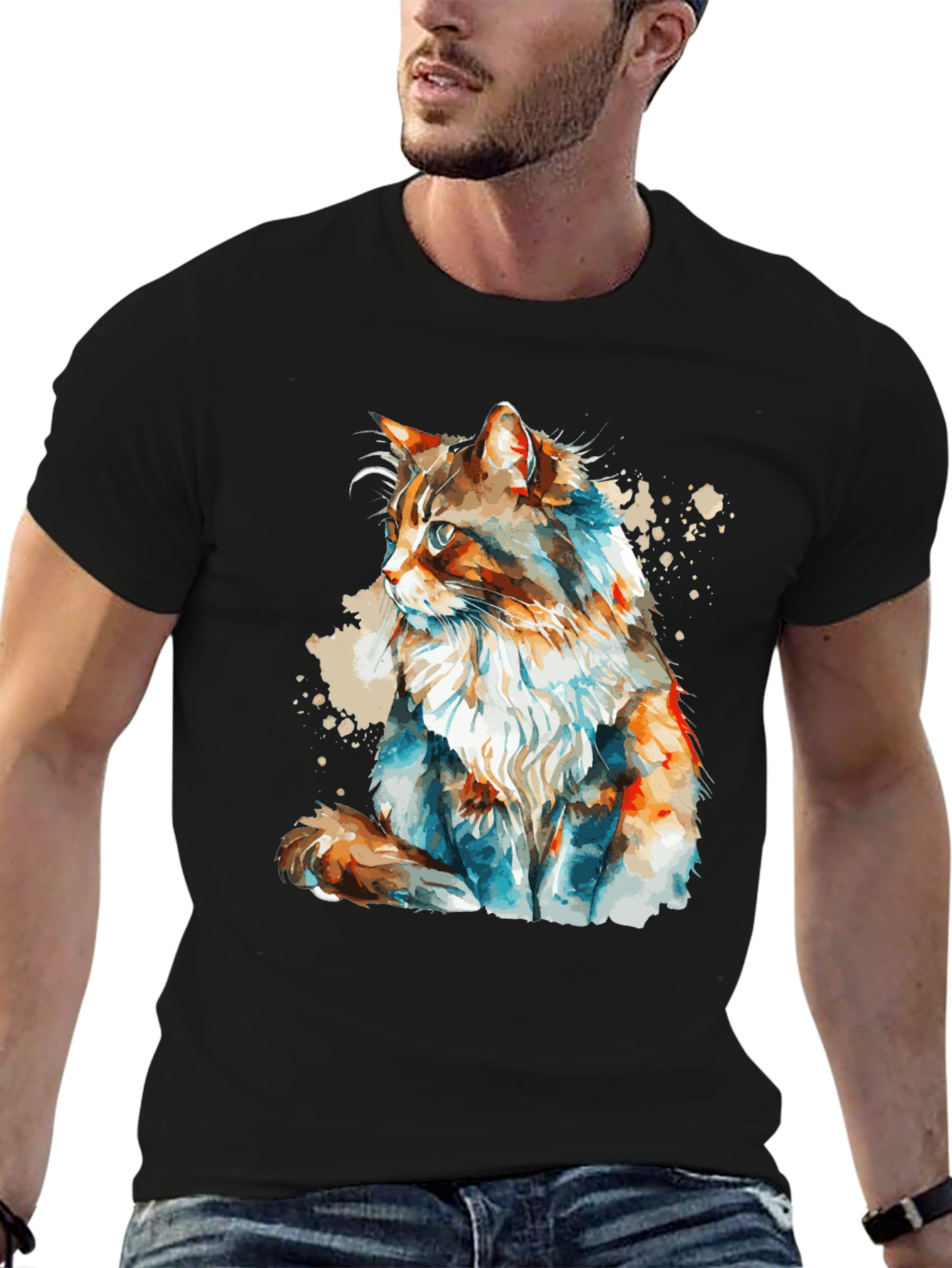Black Watercolor Cat T-Shirt: Stylish & Unique Design view 6