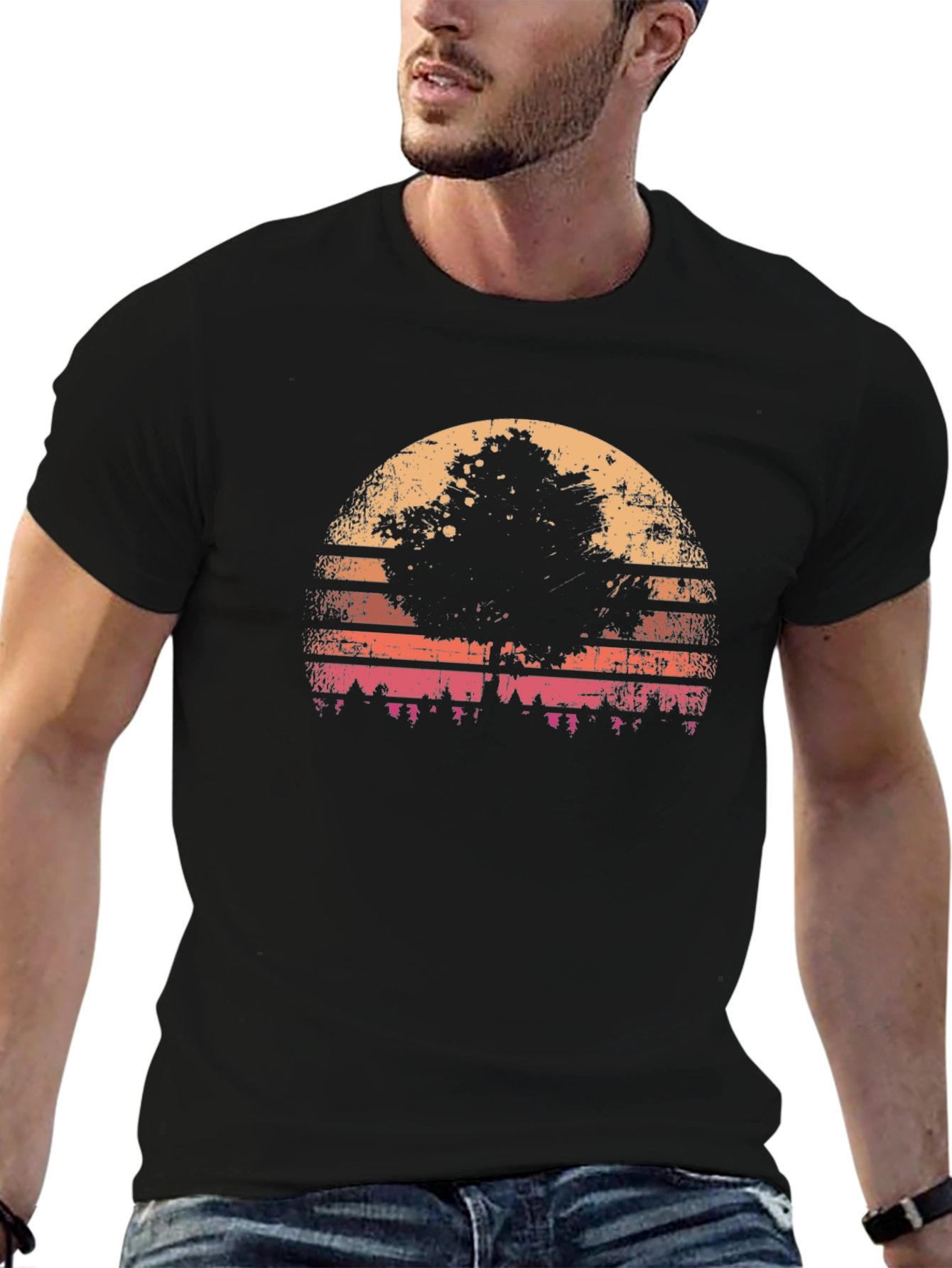Black Retro Sunset Tree Graphic Tee view 6