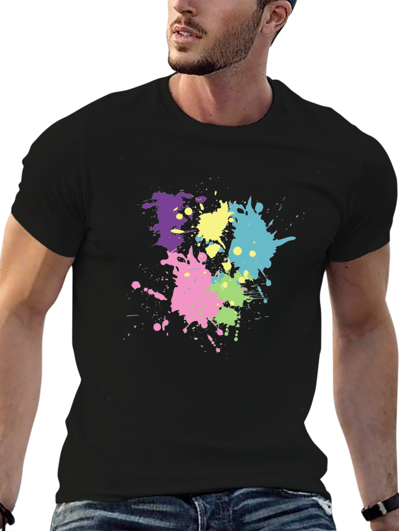 Black Men's Black T-Shirt with Colorful Paint Splatter Design view 6