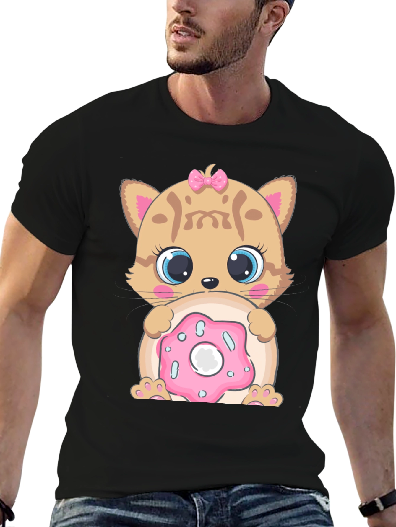 Black Cute Cat & Donut Graphic T-Shirt view 6