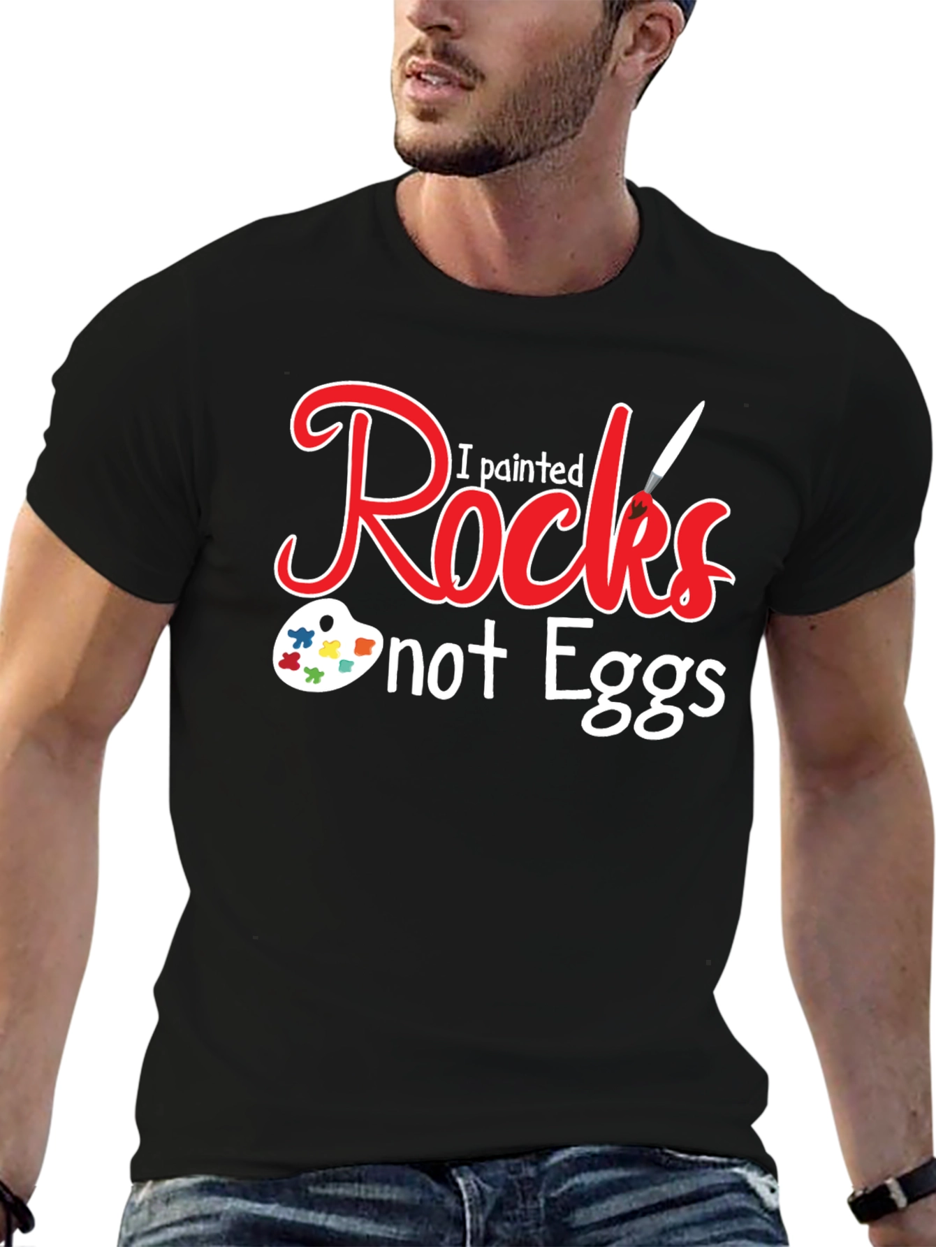 Black I Painted Rocks Not Eggs Black T-Shirt view 6