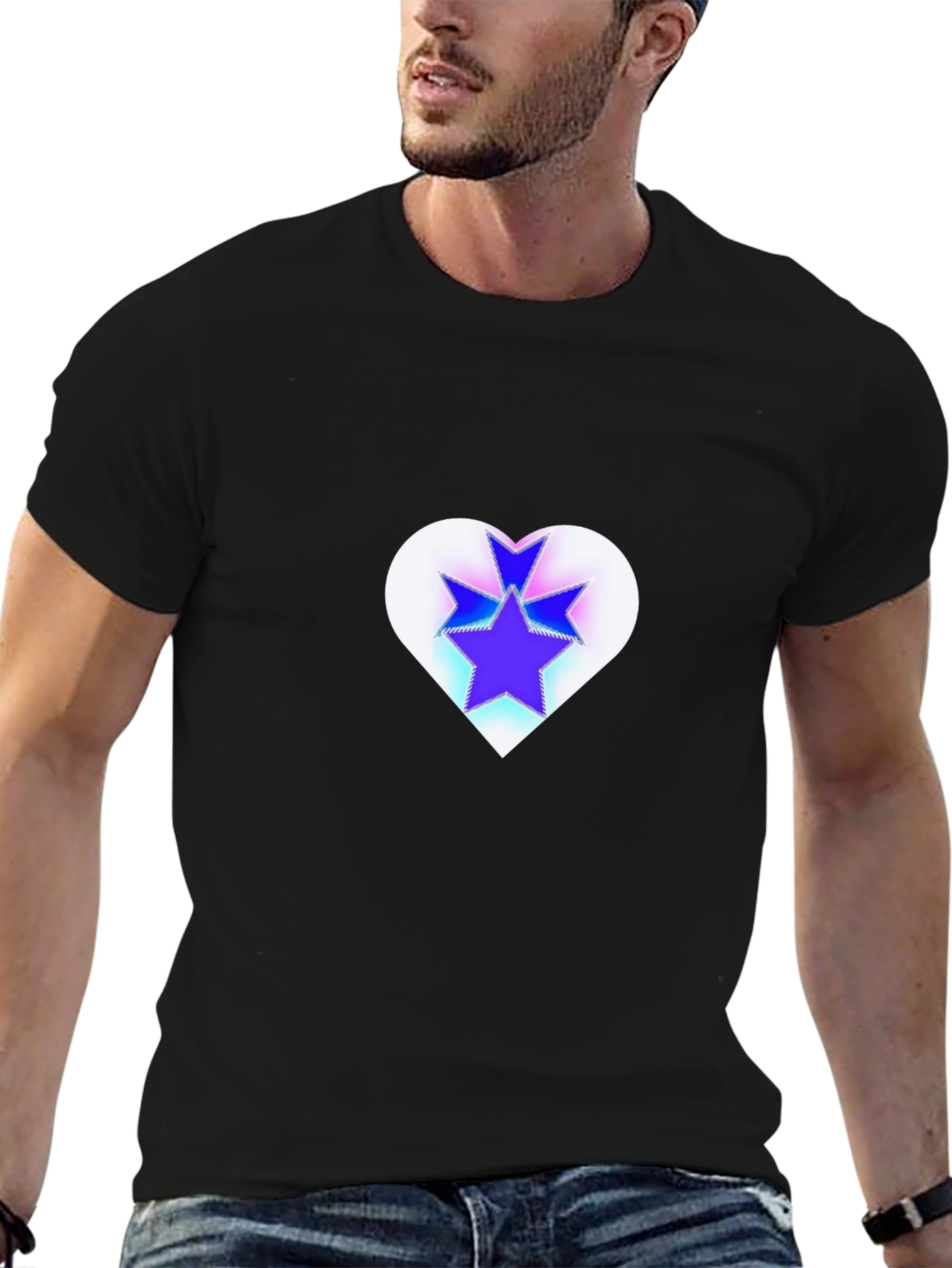 Black Stylish Black Tee with Heart & Stars Graphic view 6