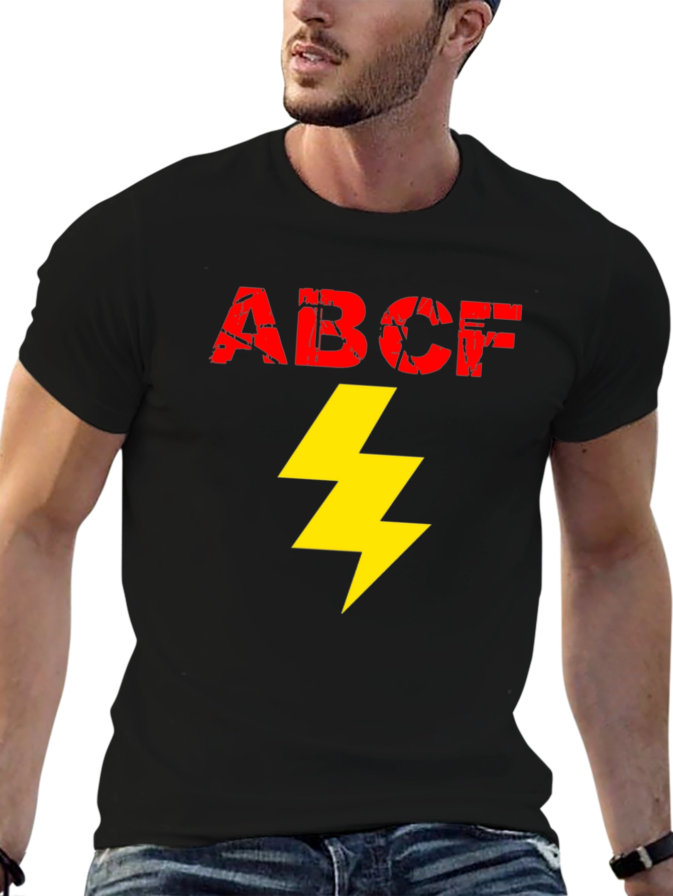 Black ABCF Lightning Bolt Graphic Tee - Cool Men's Black T-Shirt view 6