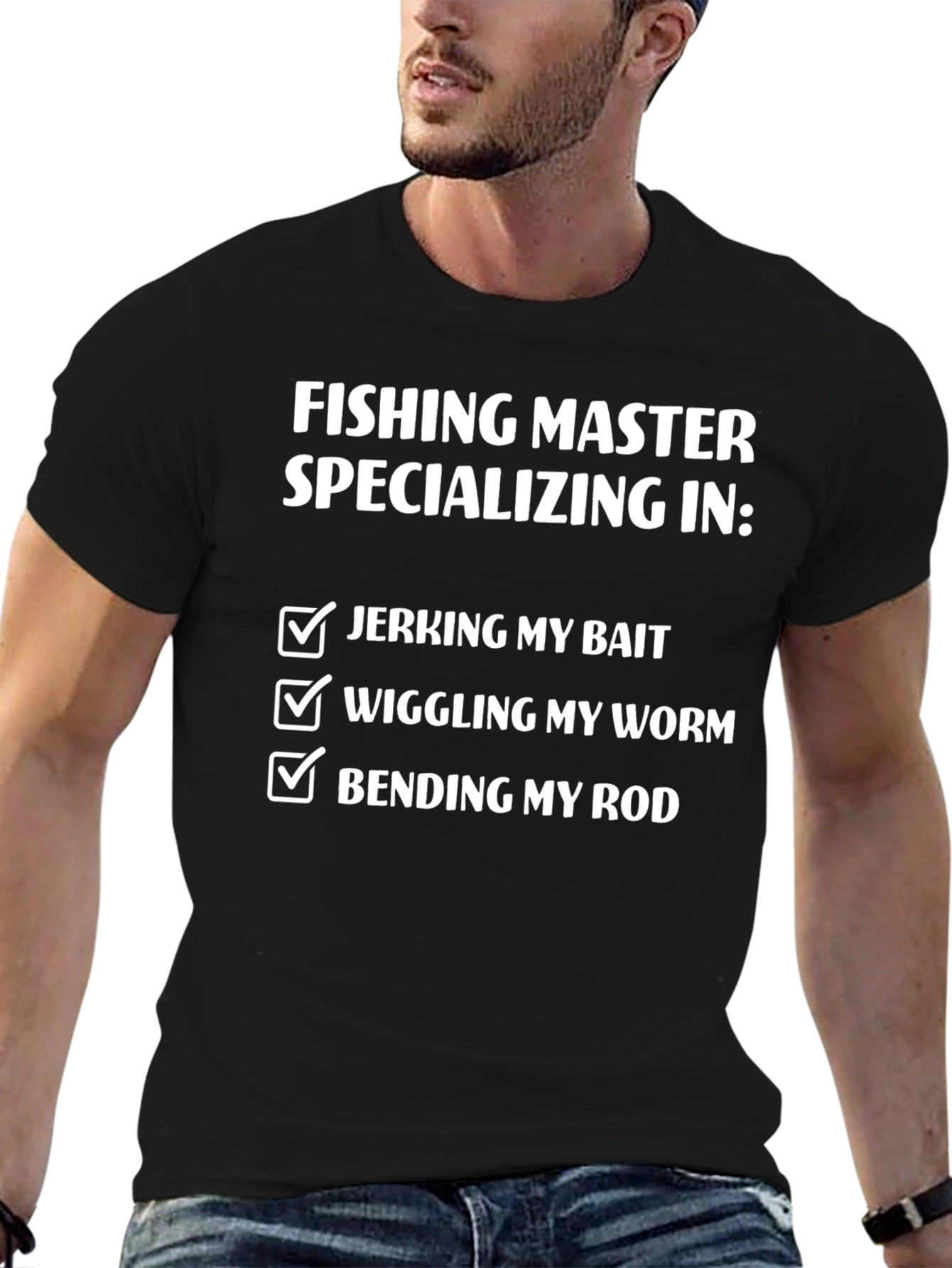 Black Fishing Master T-Shirt - Jerking Bait, Wiggling Worm, Bending Rod view 6