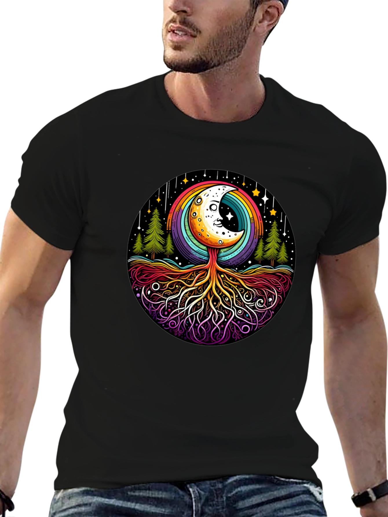 Black Rainbow Moon Tree Graphic Tee - Black Cotton Blend view 6