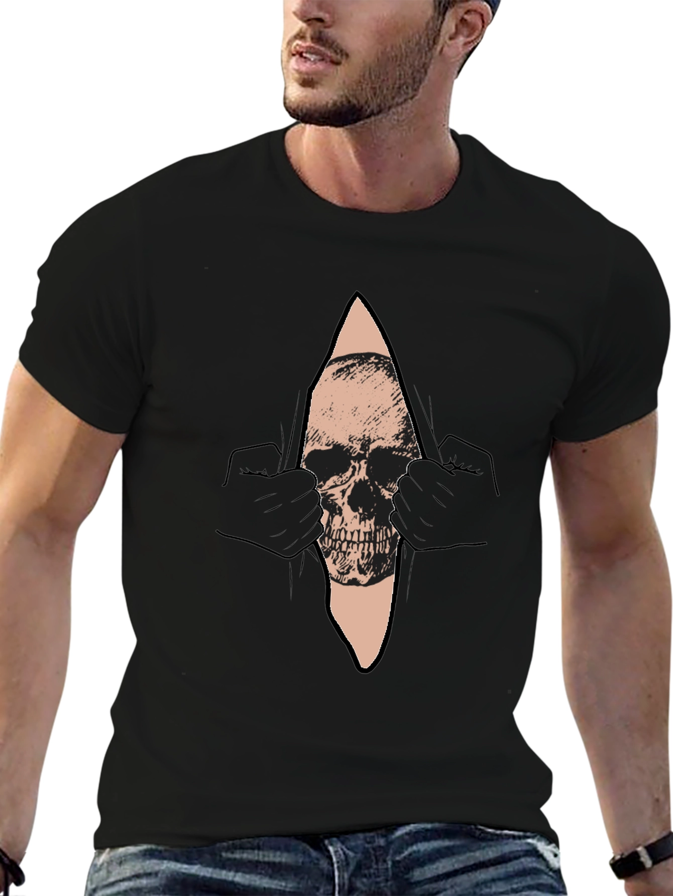 Black Skull Graphic T-Shirt - Men's Black Crew Neck Tee view 6
