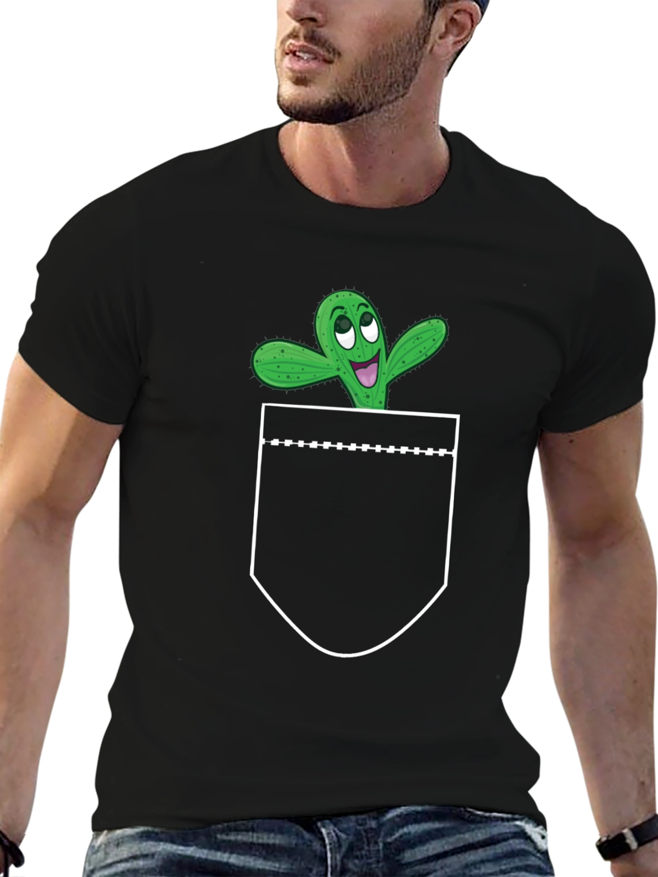 Black Cactus Pocket Graphic Tee - Fun Novelty T-Shirt view 6