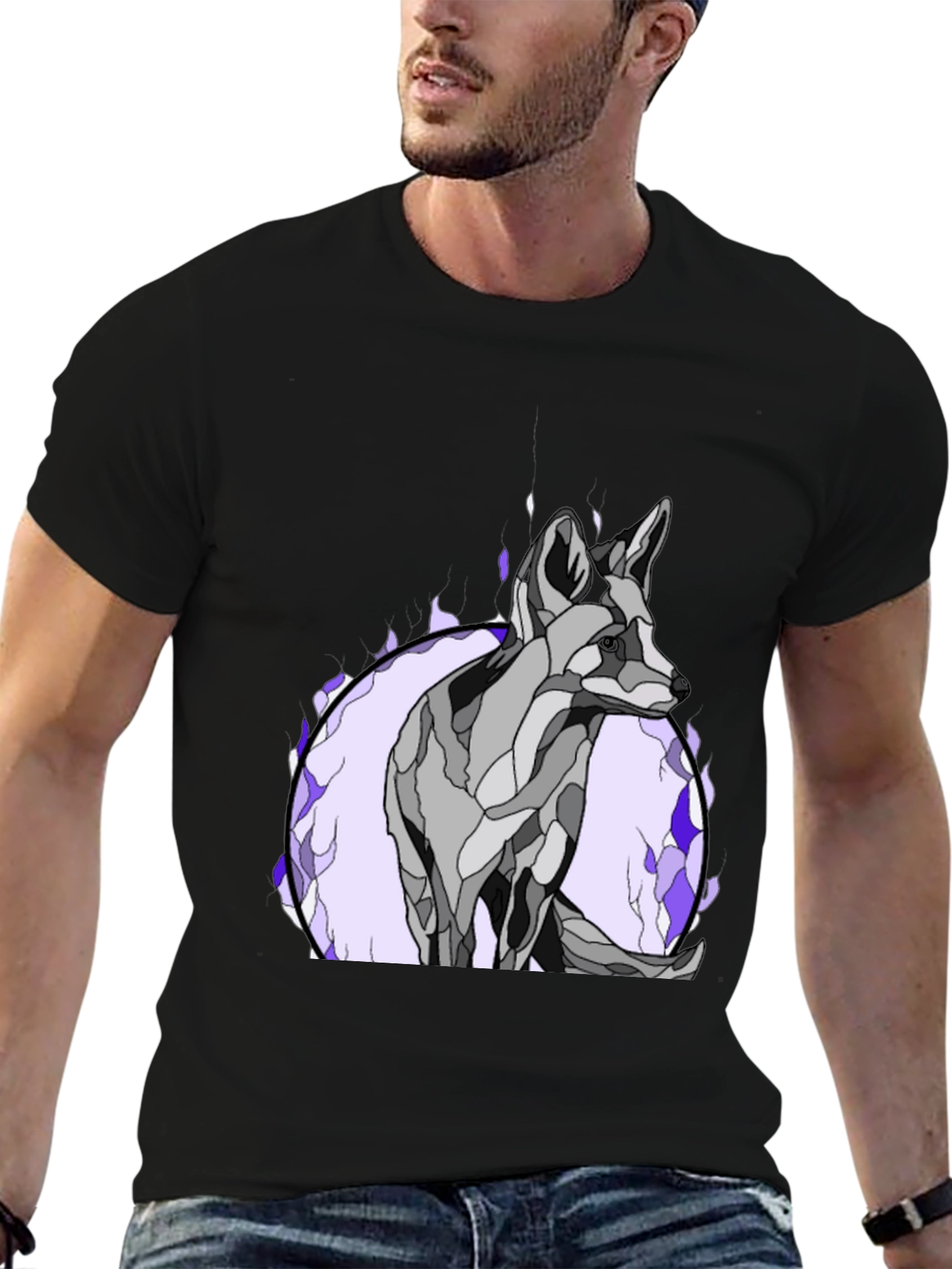 Black Abstract Wolf Graphic Tee - Black Cotton Blend view 6