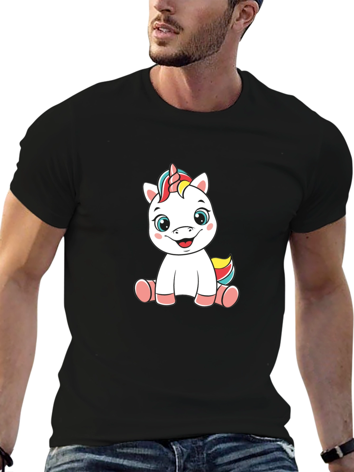 Black Unicorn Cartoon Black T-Shirt view 6