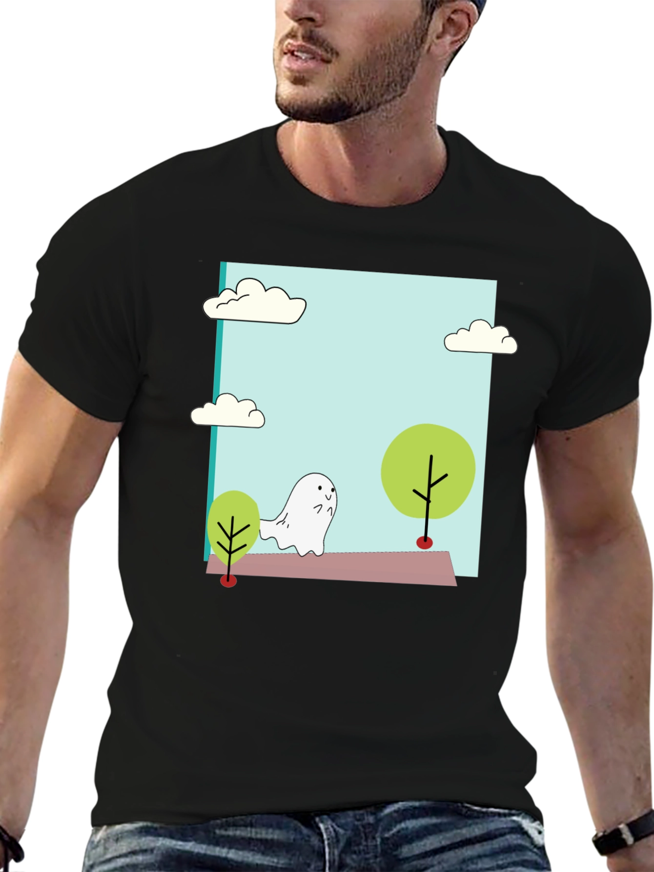 Black Cute Cartoon Ghost T-Shirt view 6