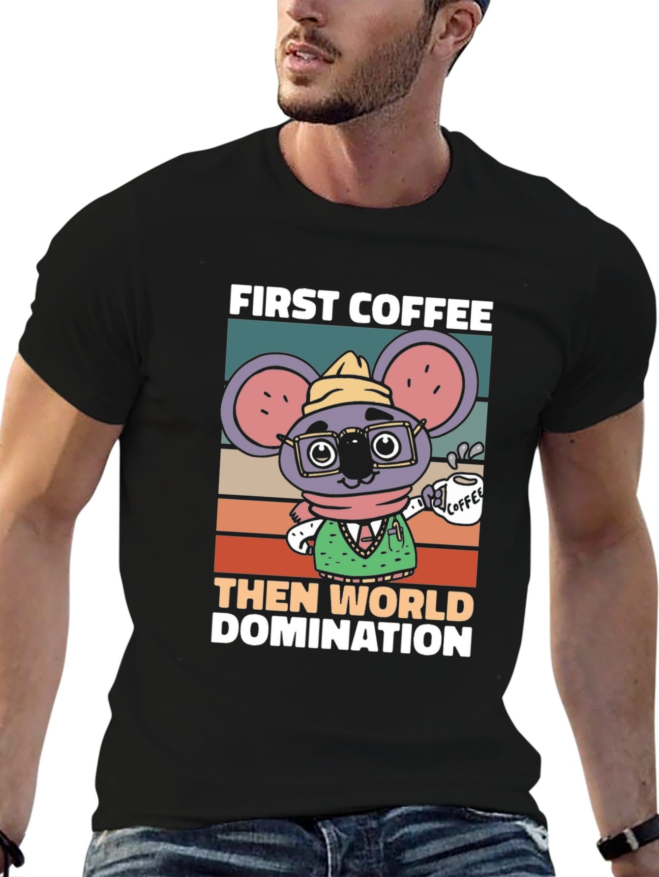 Black First Coffee Then World Domination T-Shirt view 6