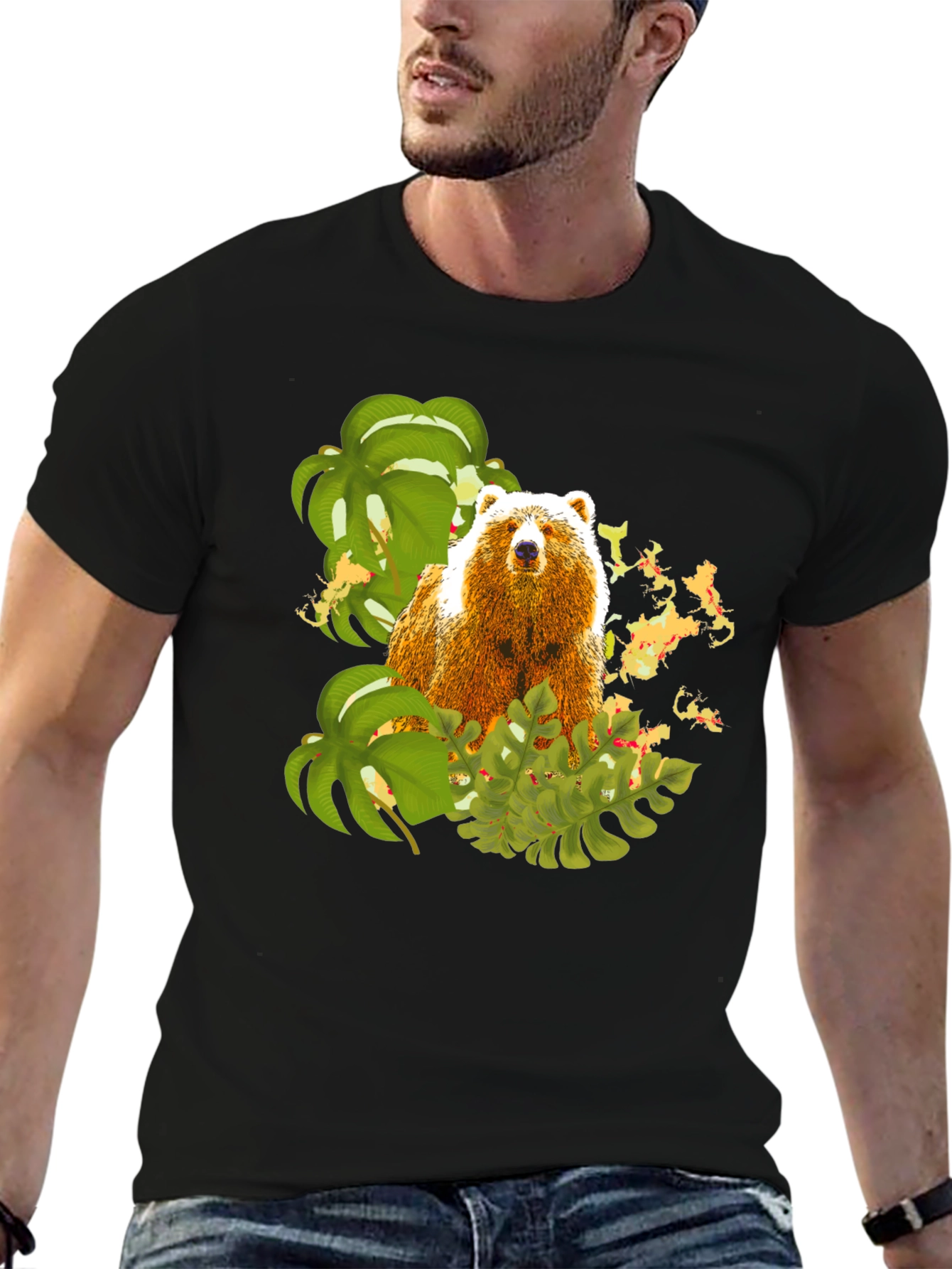 Black Bear and Tropical Leaves Graphic Tee view 6