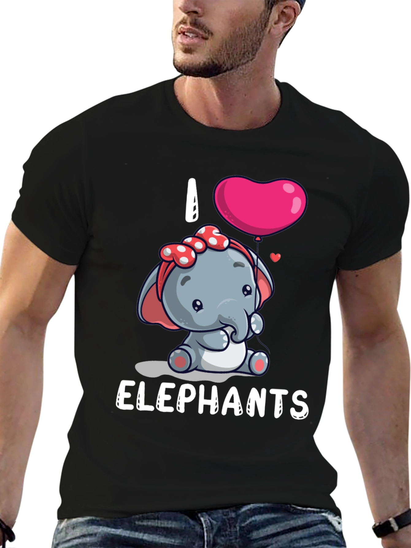 Black I Love Elephants Cartoon T-Shirt view 6
