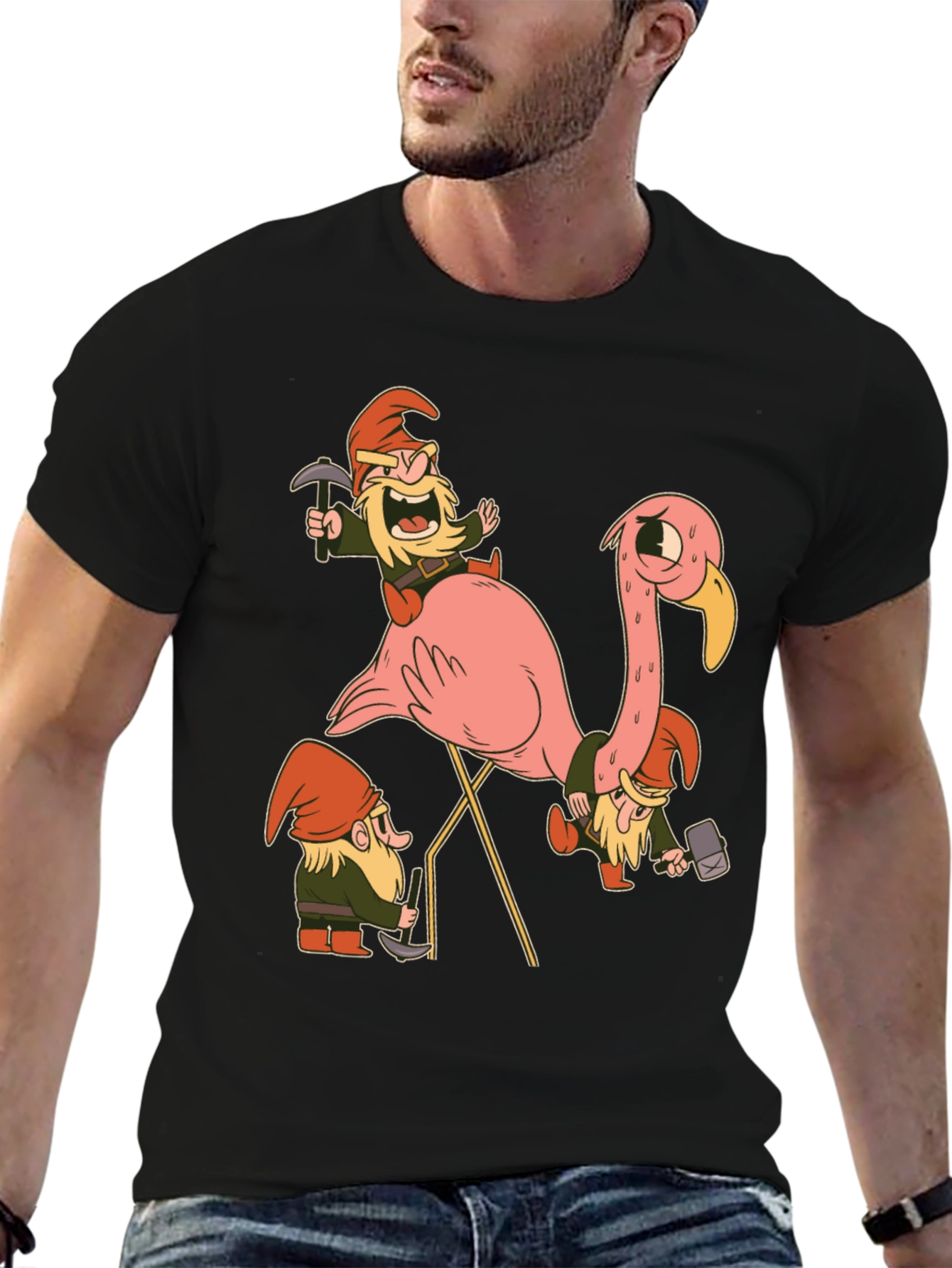 Black Gnomes Riding Flamingo Black T-Shirt view 6
