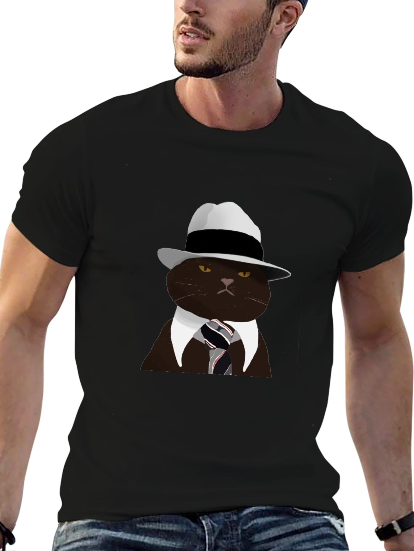 Black Cool Cat Fedora T-Shirt - Black view 6