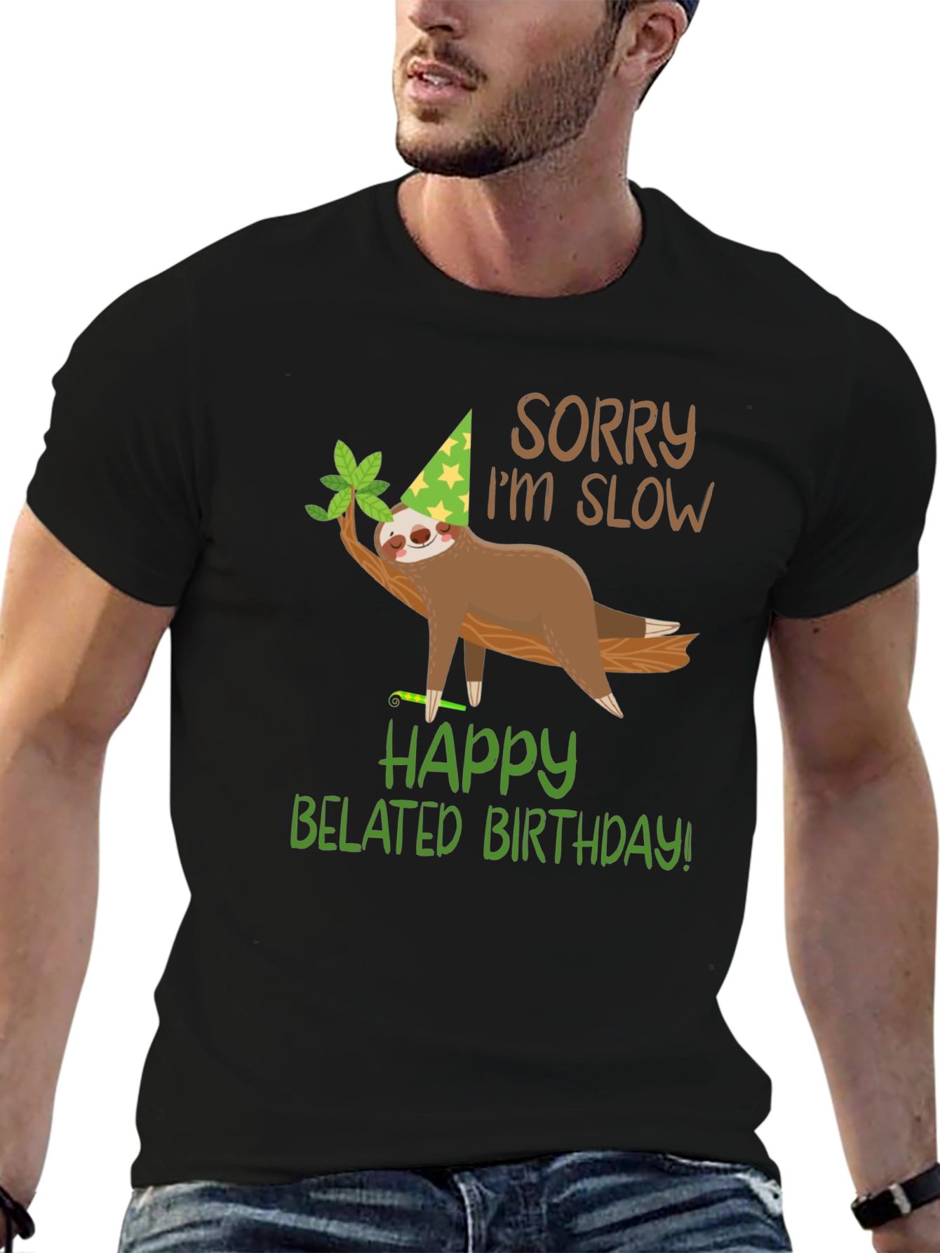 Black Funny Belated Birthday Sloth T-Shirt view 6
