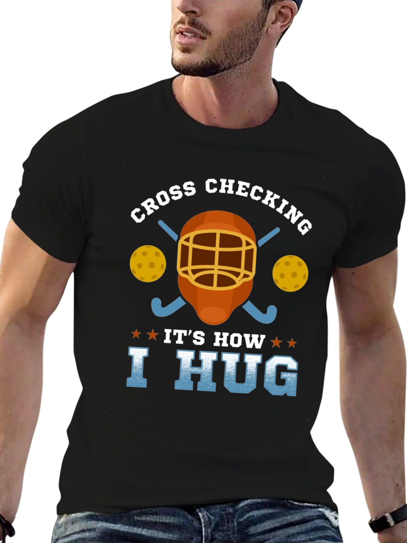 Black Cross Checking Hockey Humor T-Shirt view 6