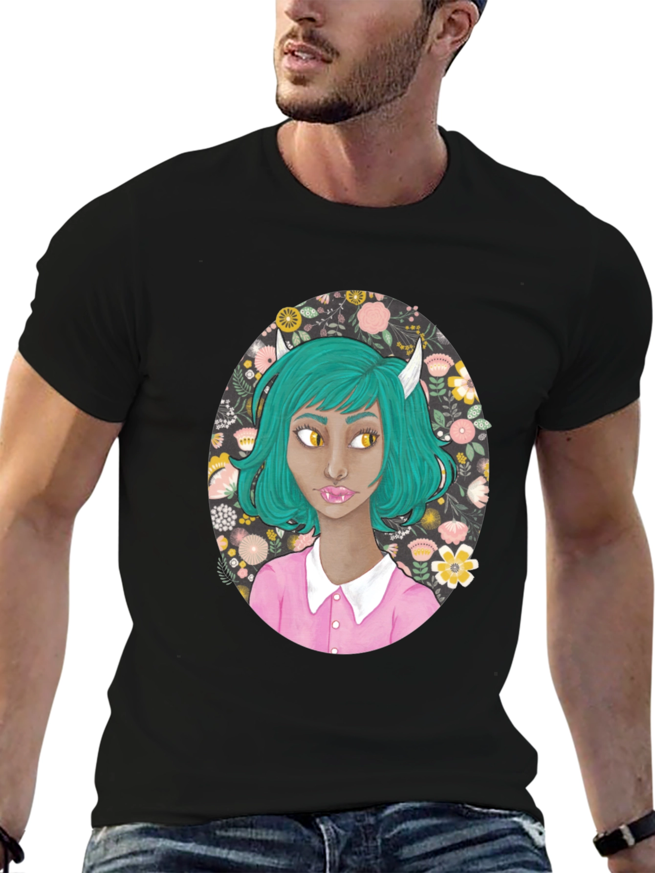 Black Floral Demon Girl Graphic T-Shirt view 6
