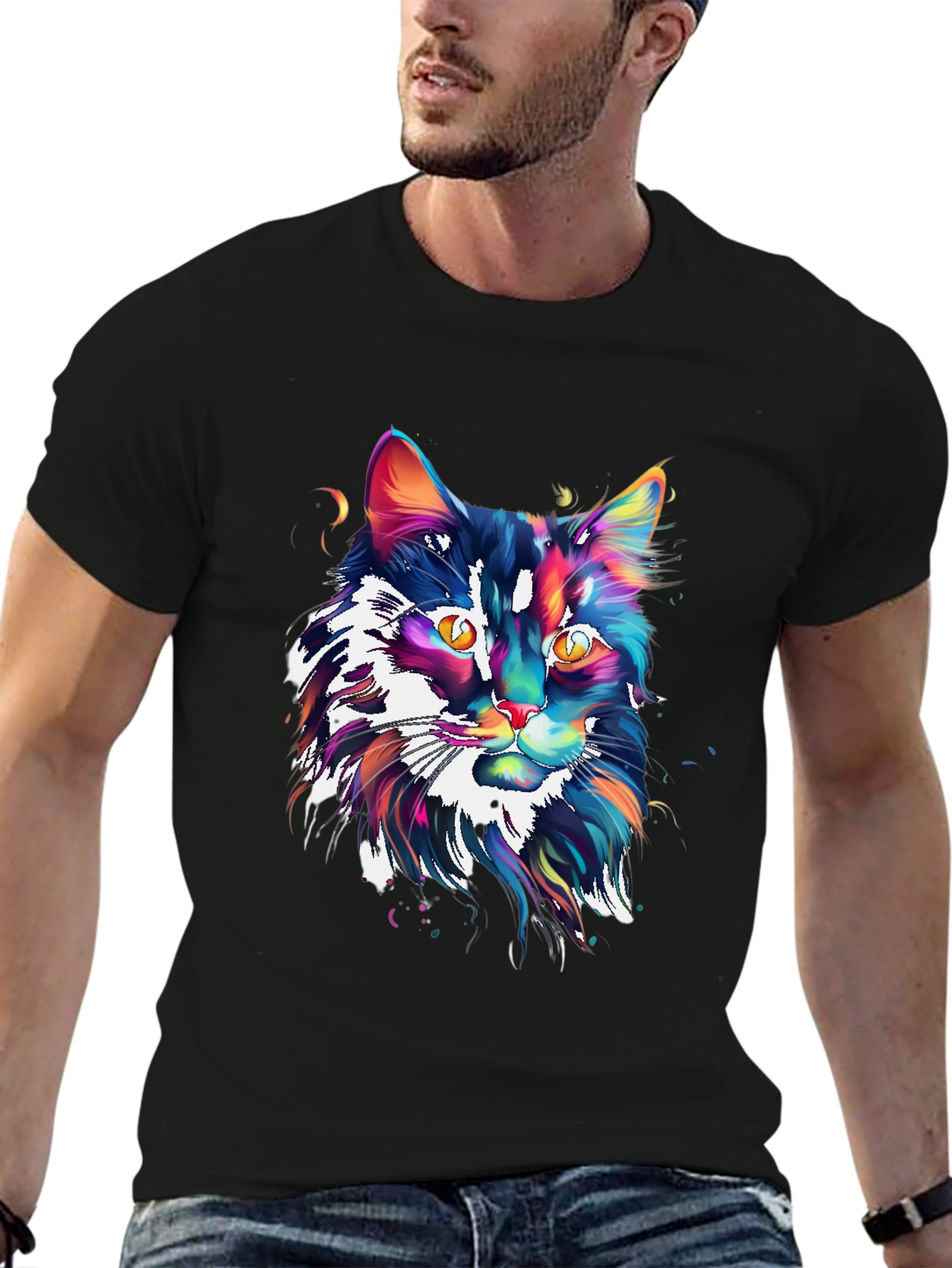 Black Colorful Cat Graphic Black T-Shirt view 6