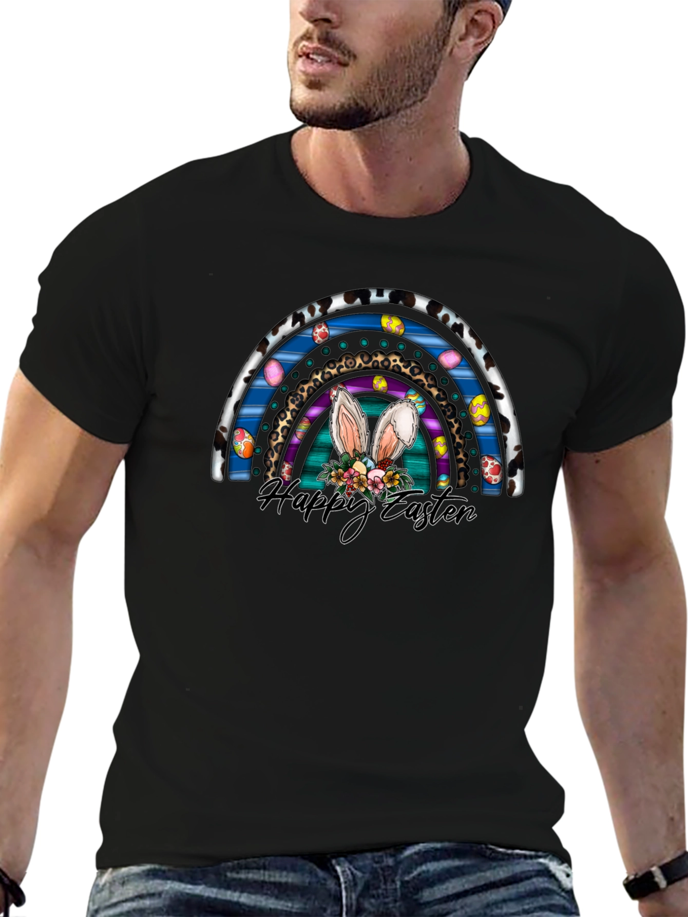 Black Happy Easter Rainbow Bunny Ears T-Shirt view 6