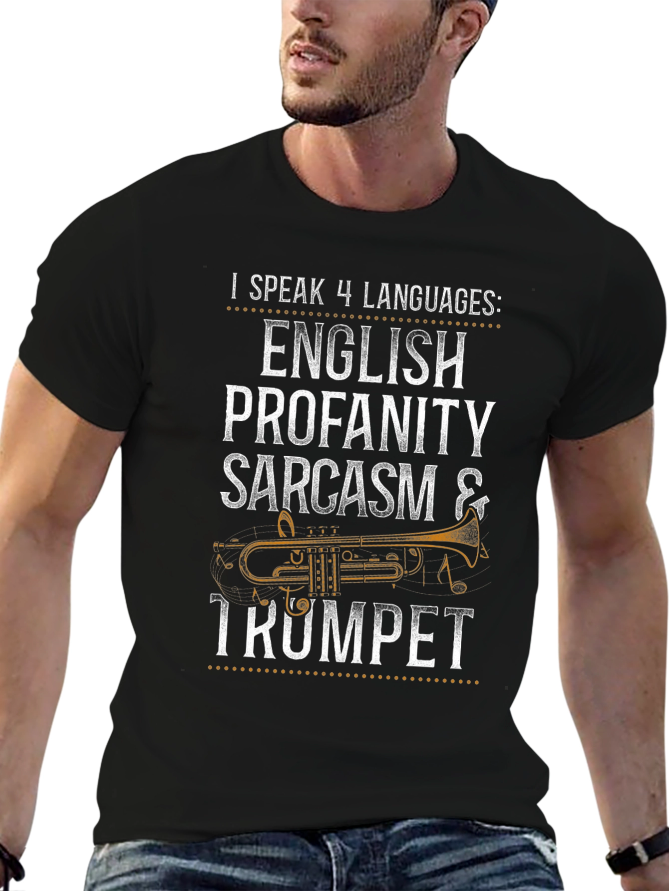 Black I Speak 4 Languages: Trumpet T-Shirt view 6