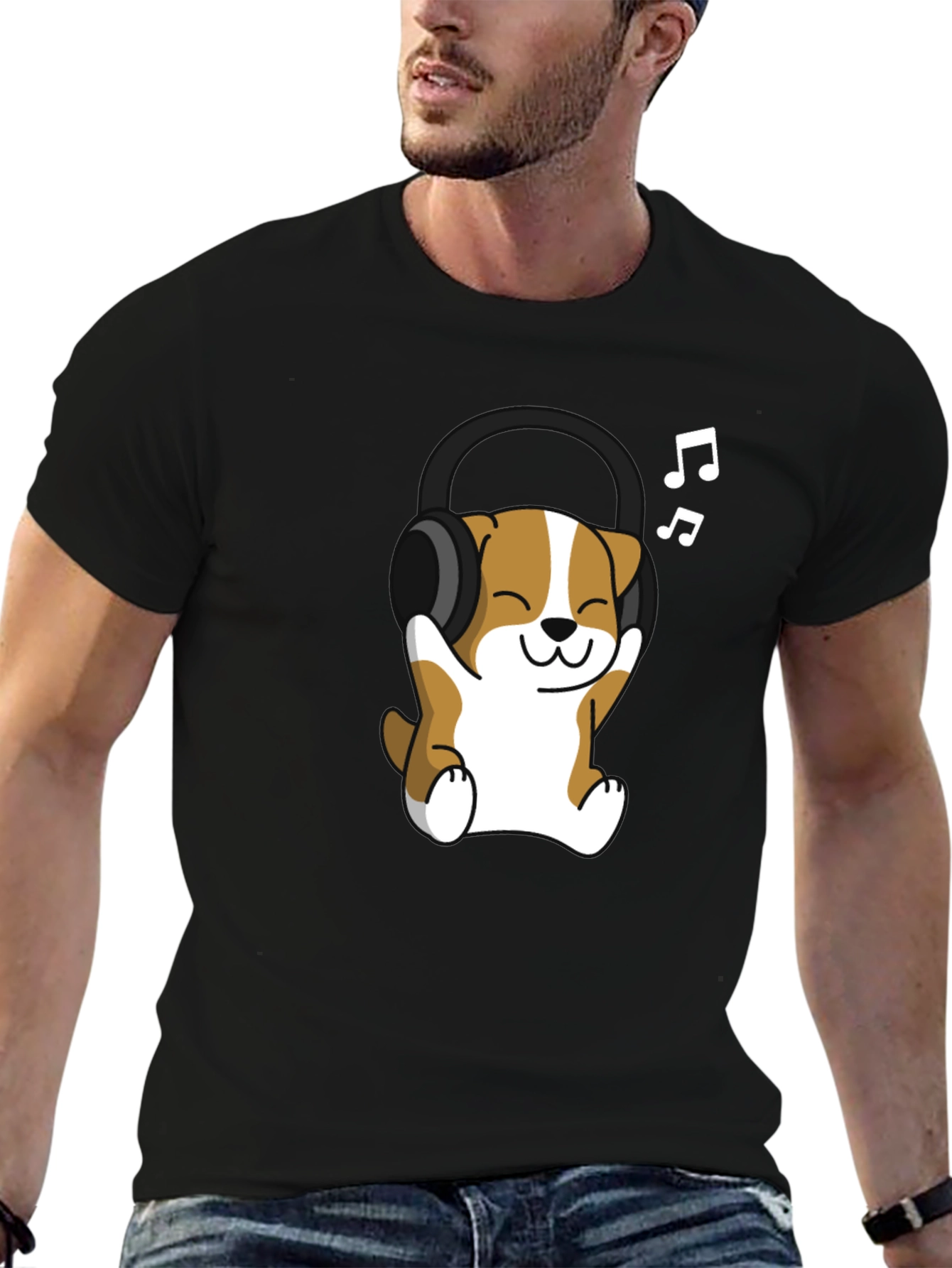 Black Cute Dog with Headphones Black T-Shirt view 6