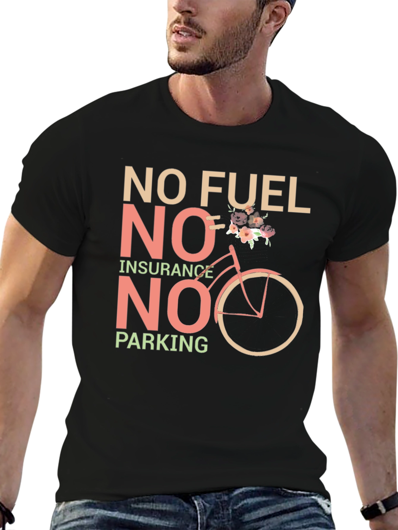 Black Eco-Friendly Biking Tee - No Fuel, Insurance, Parking view 6