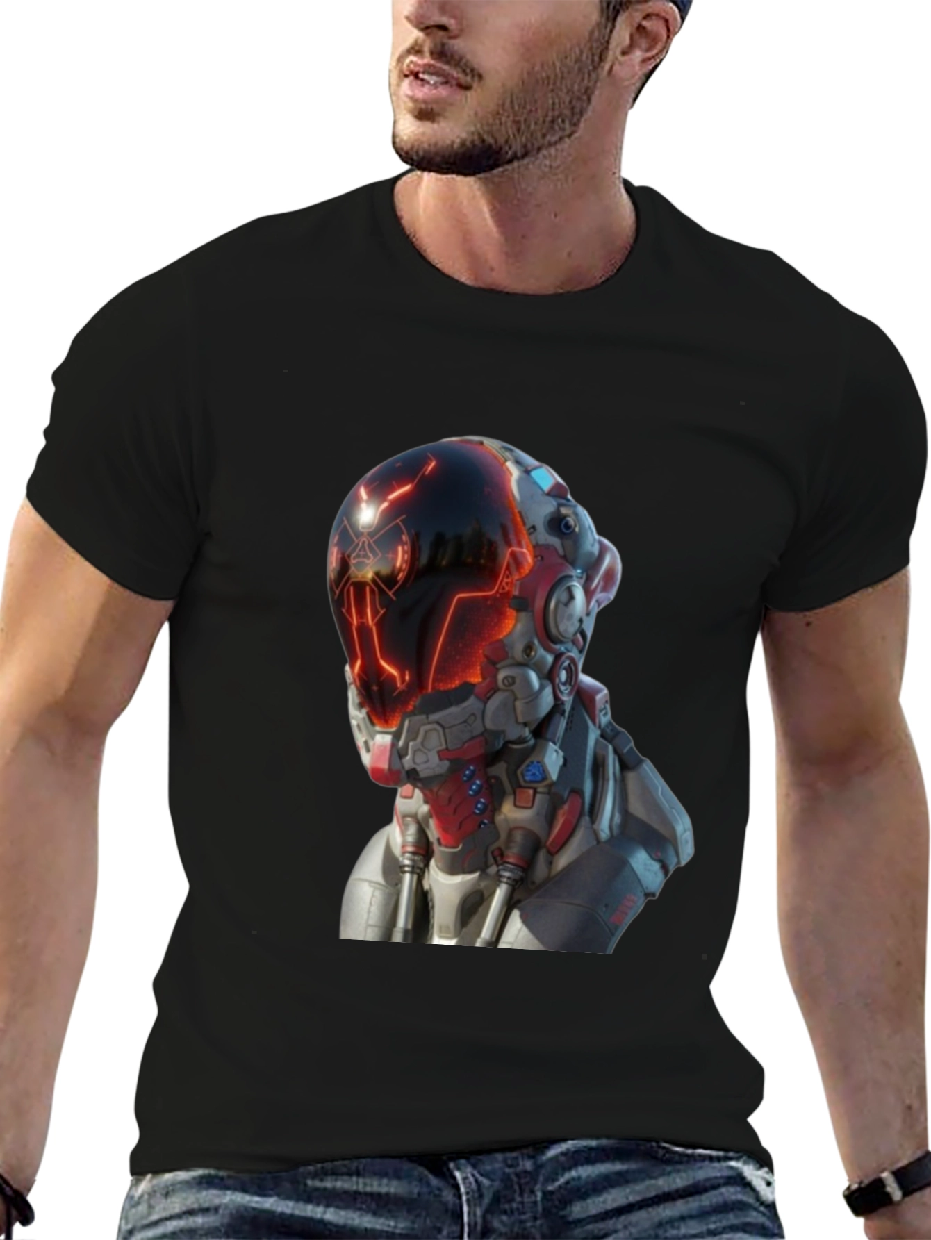 Black Sci-Fi Robot Head Graphic T-Shirt view 6