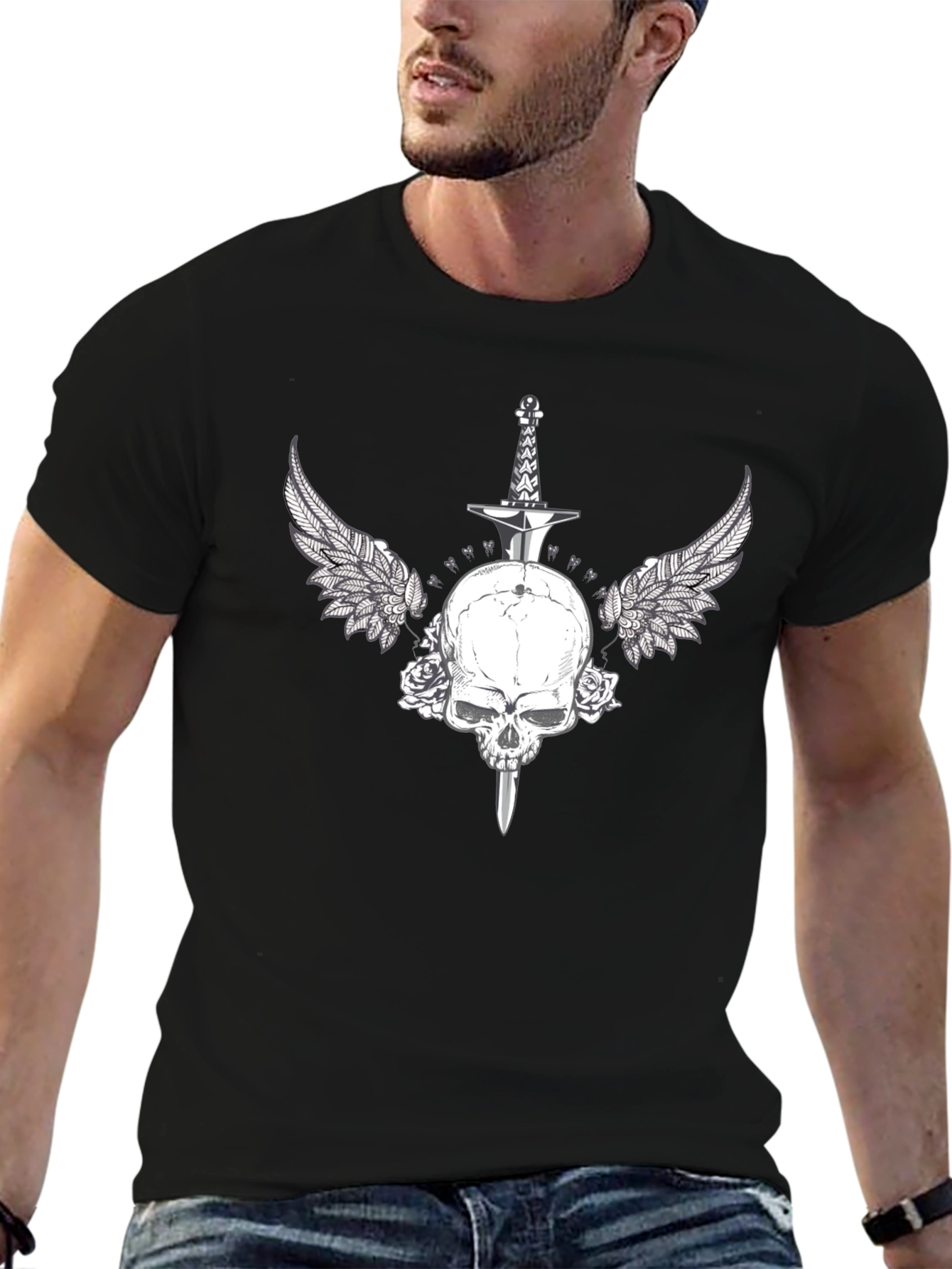 Black Skull Sword Wings Graphic Tee - Black Cotton Blend view 6