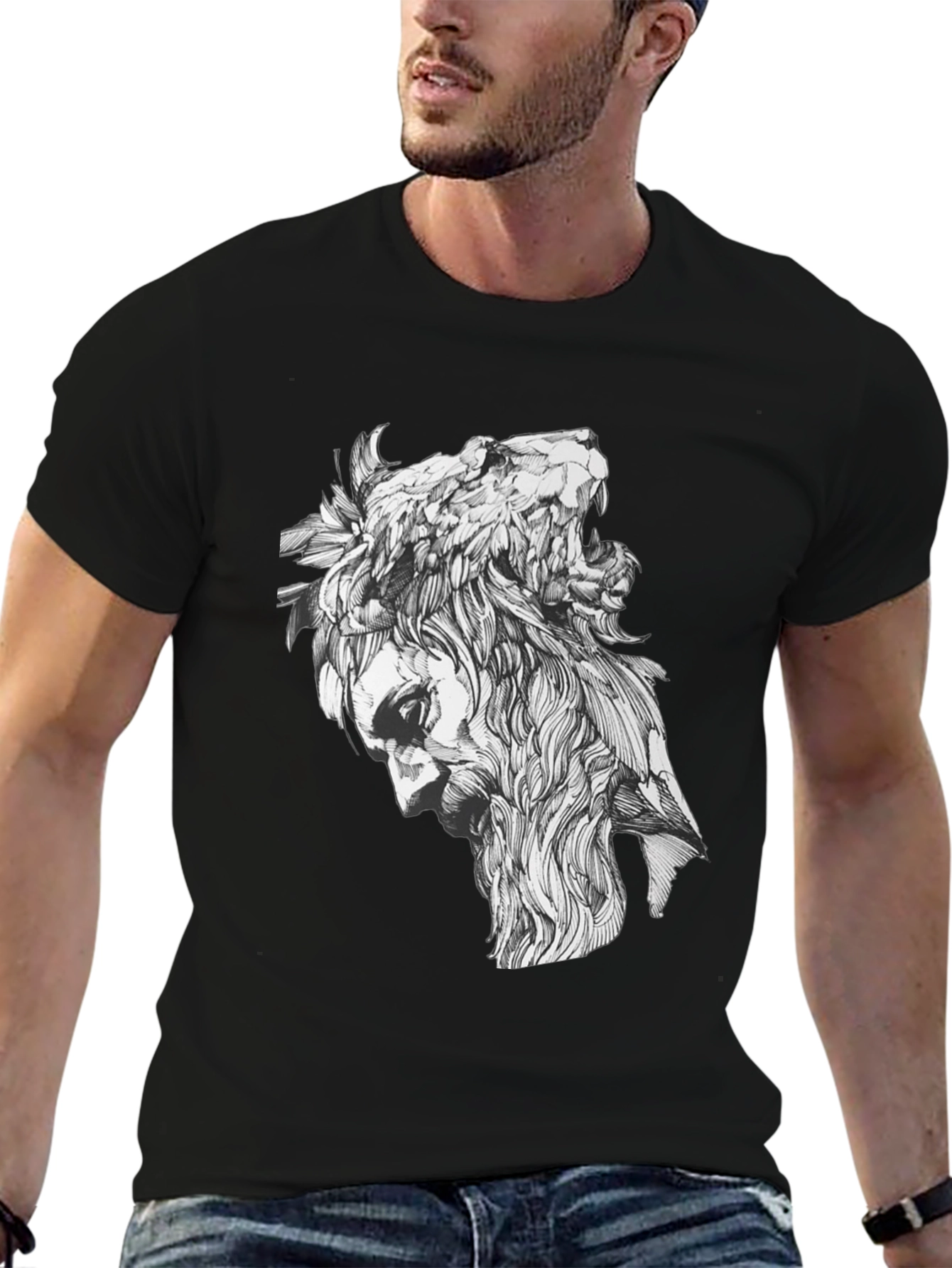 Black Lion Man Graphic Tee - Black Cotton Blend view 6