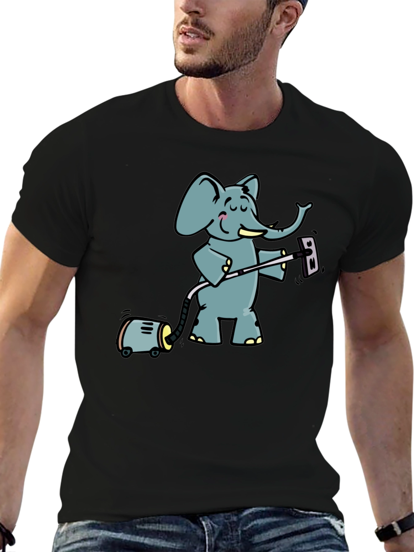 Black Elephant Vacuuming T-Shirt - Cute Cartoon Graphic Tee view 6