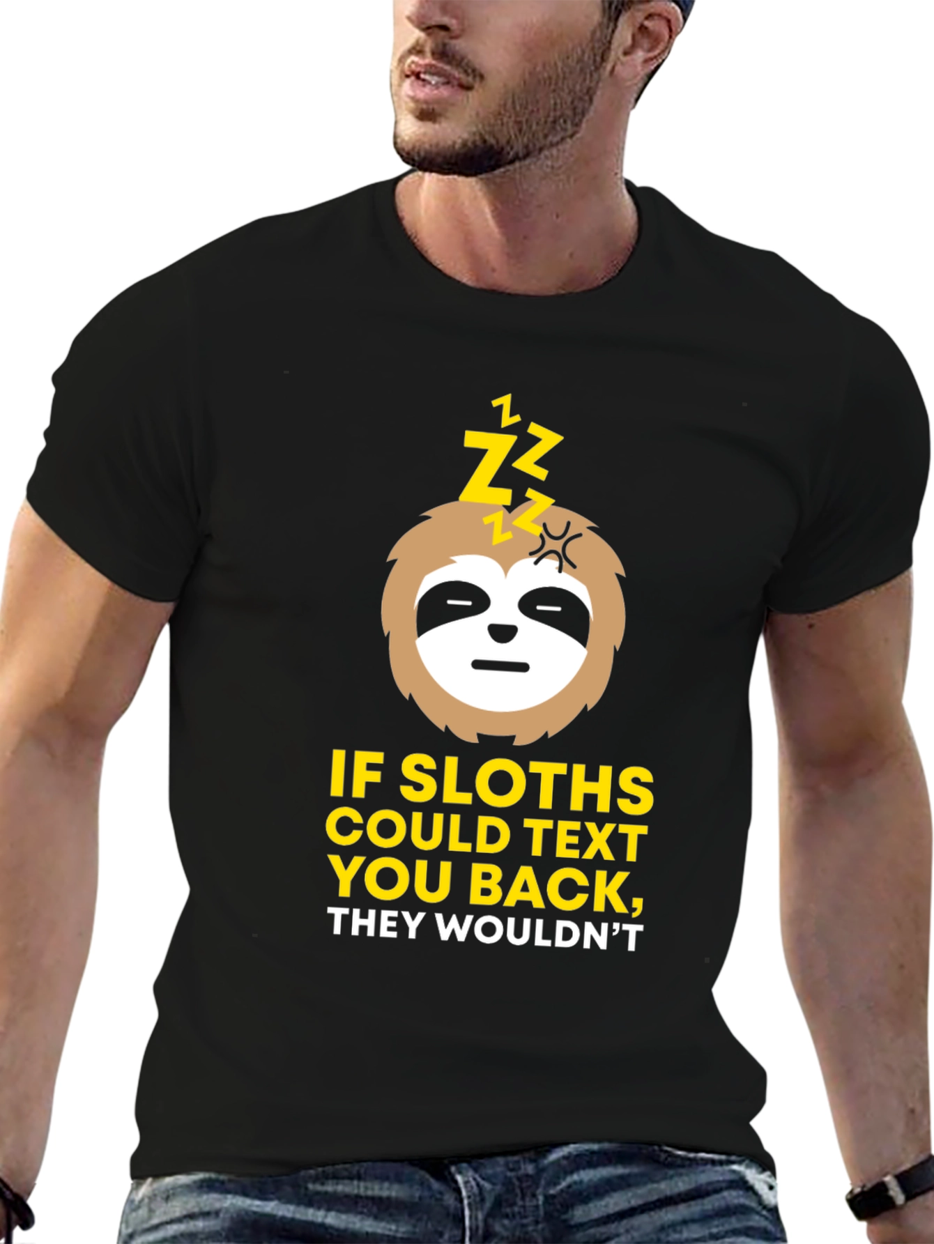 Black Funny Sloth Texting T-Shirt view 6