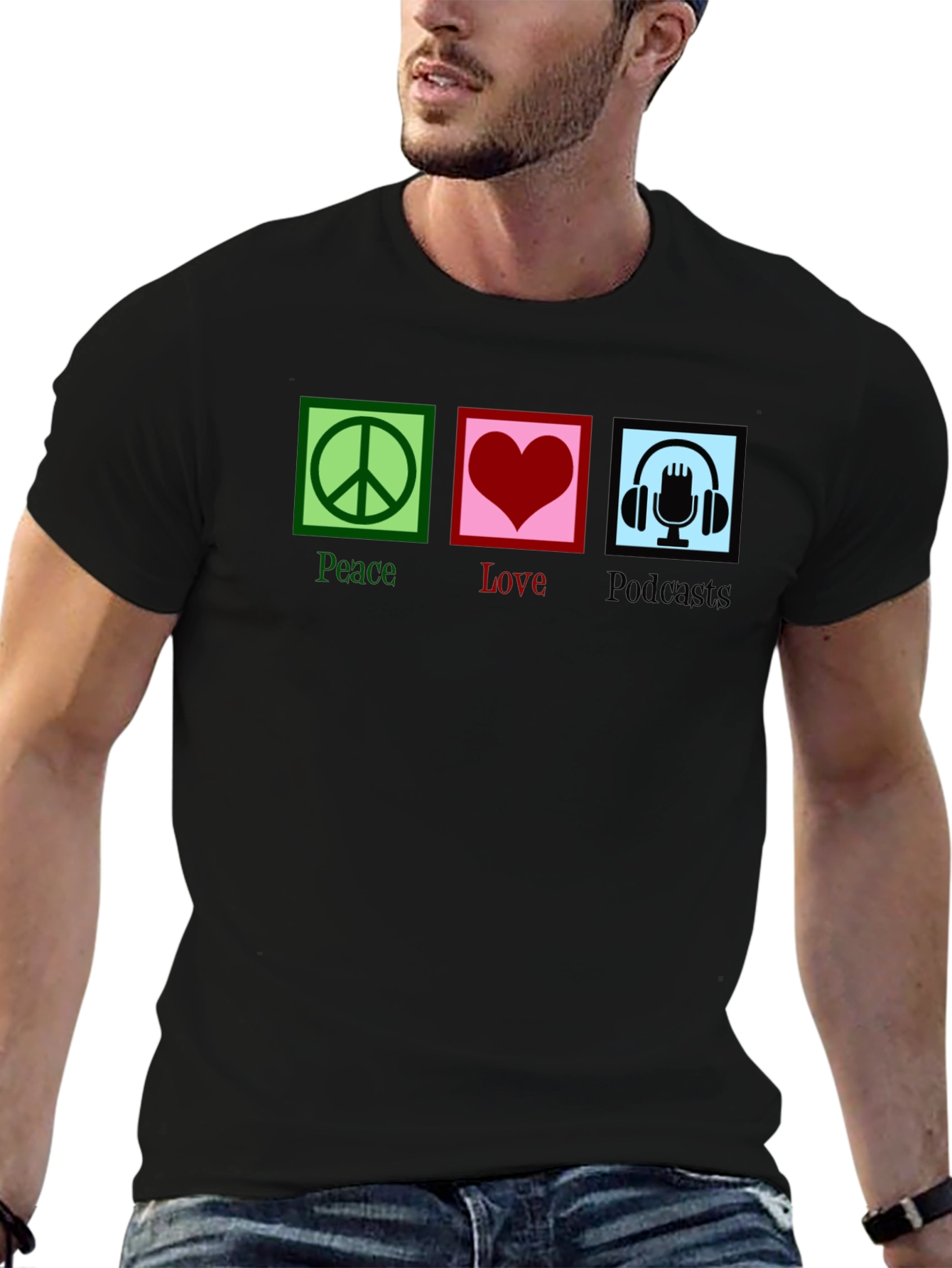 Black Peace Love Podcasts T-Shirt - Black Graphic Tee view 6