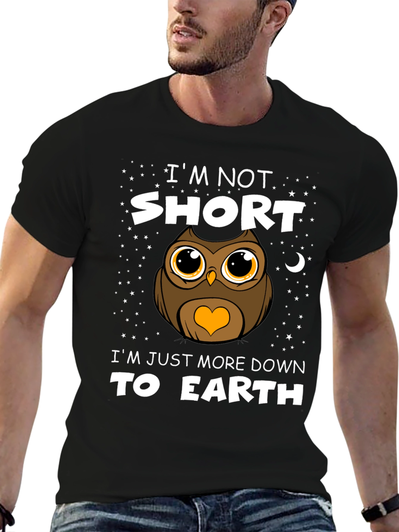 Black Funny Owl Graphic T-Shirt: I'm Not Short view 6
