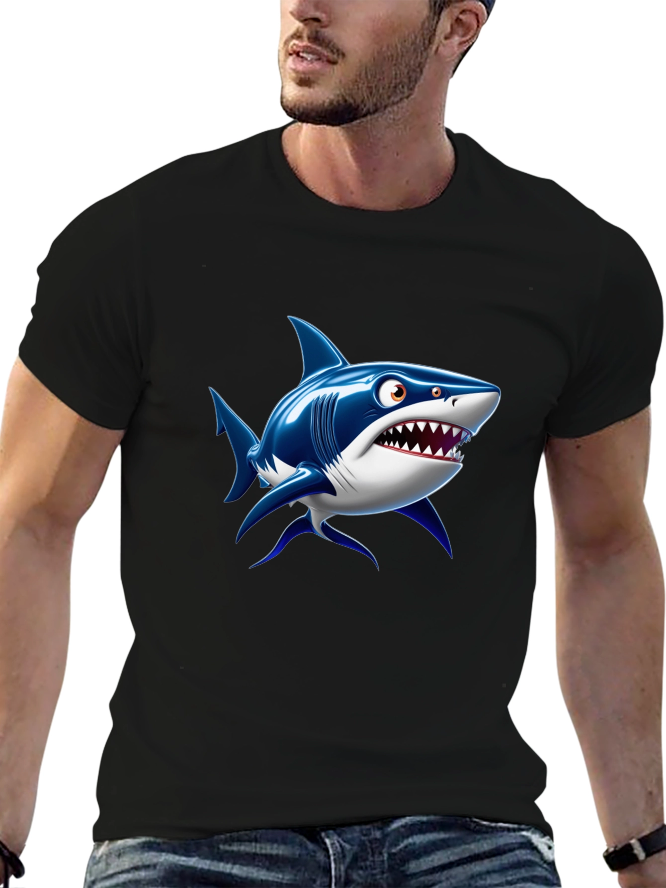 Black Shark Cartoon Graphic Black T-Shirt view 6