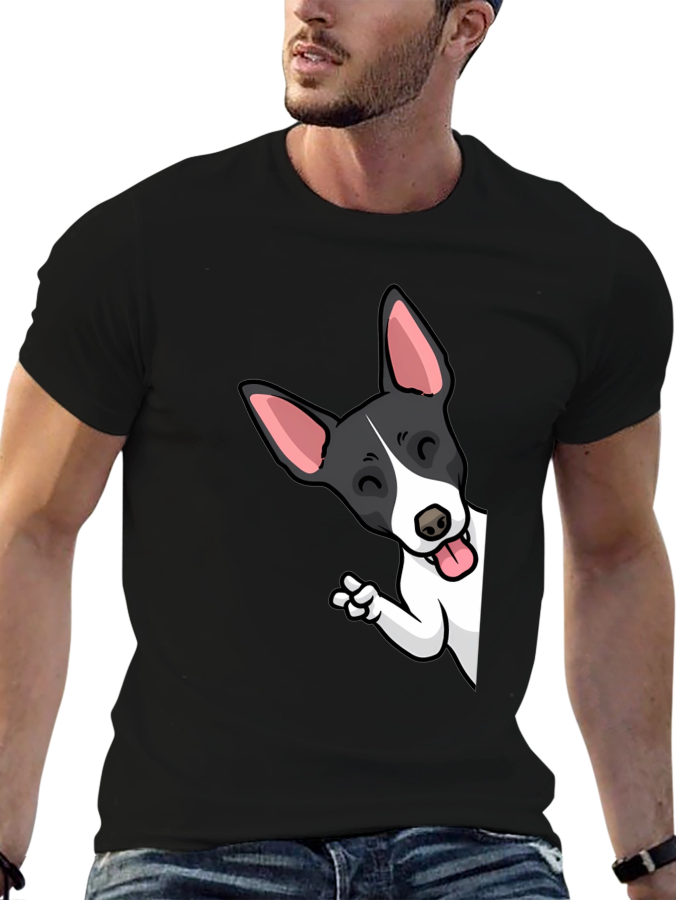 Black Cartoon Dog Peek-a-Boo Graphic Tee - Unisex Black T-Shirt view 6