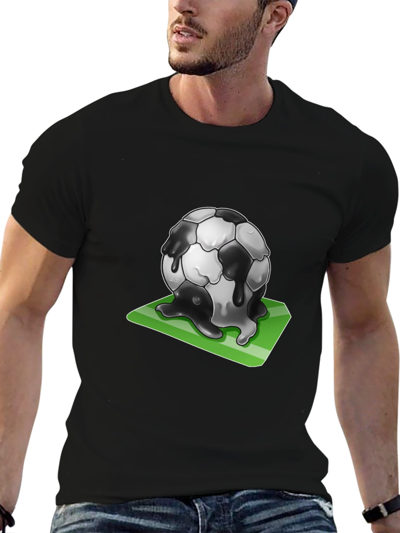 Black Melting Soccer Ball Graphic Tee - Black Cotton T-Shirt view 6