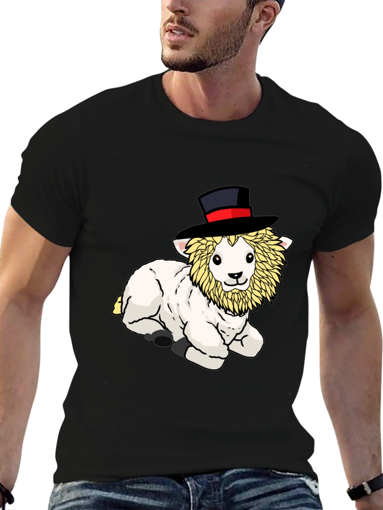 Black Whimsical Lamb Top Hat Graphic Tee - Black Cotton Shirt view 6