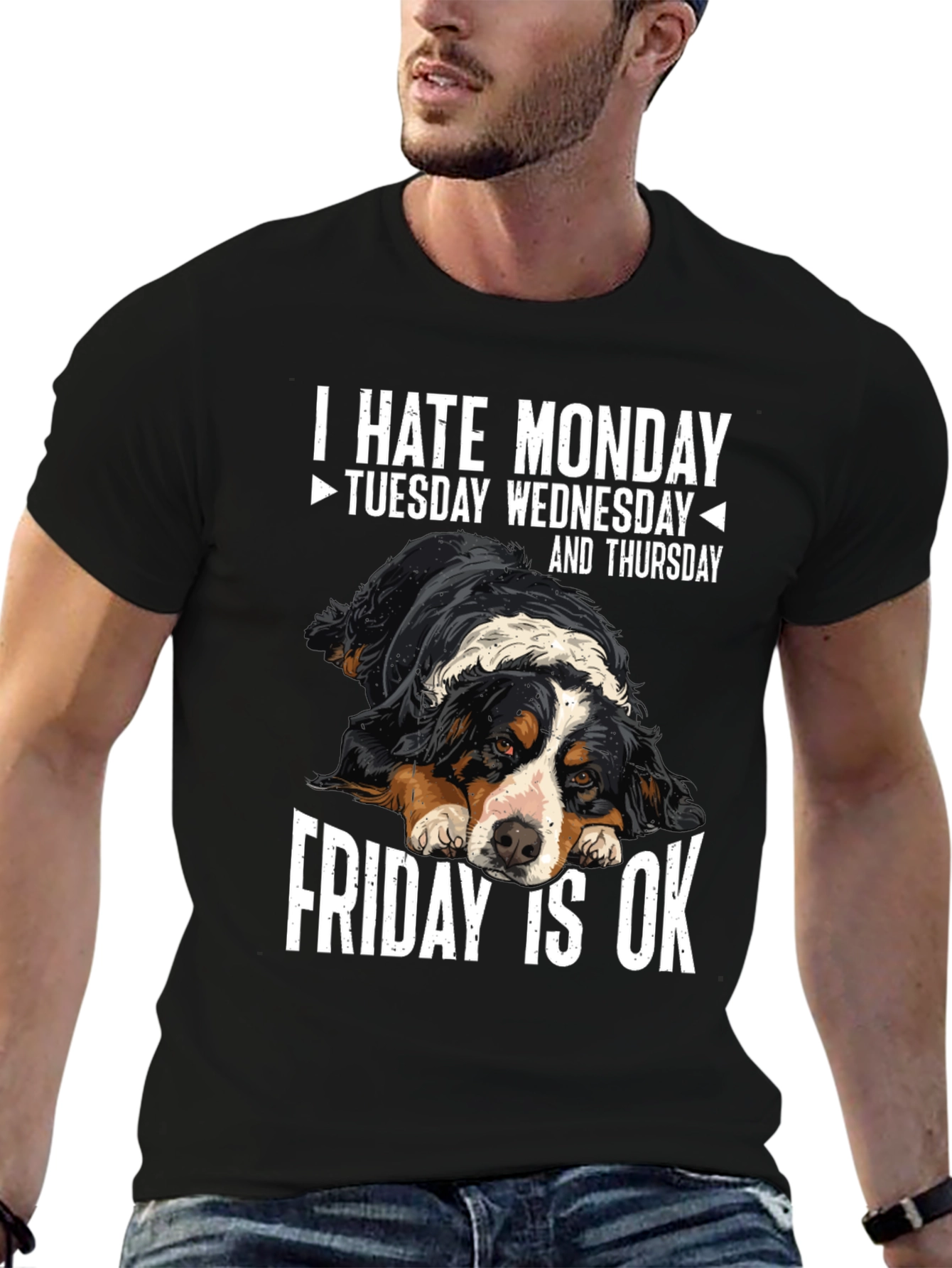 Black Funny Dog Lover T-Shirt: I Hate Monday, Friday is OK view 6