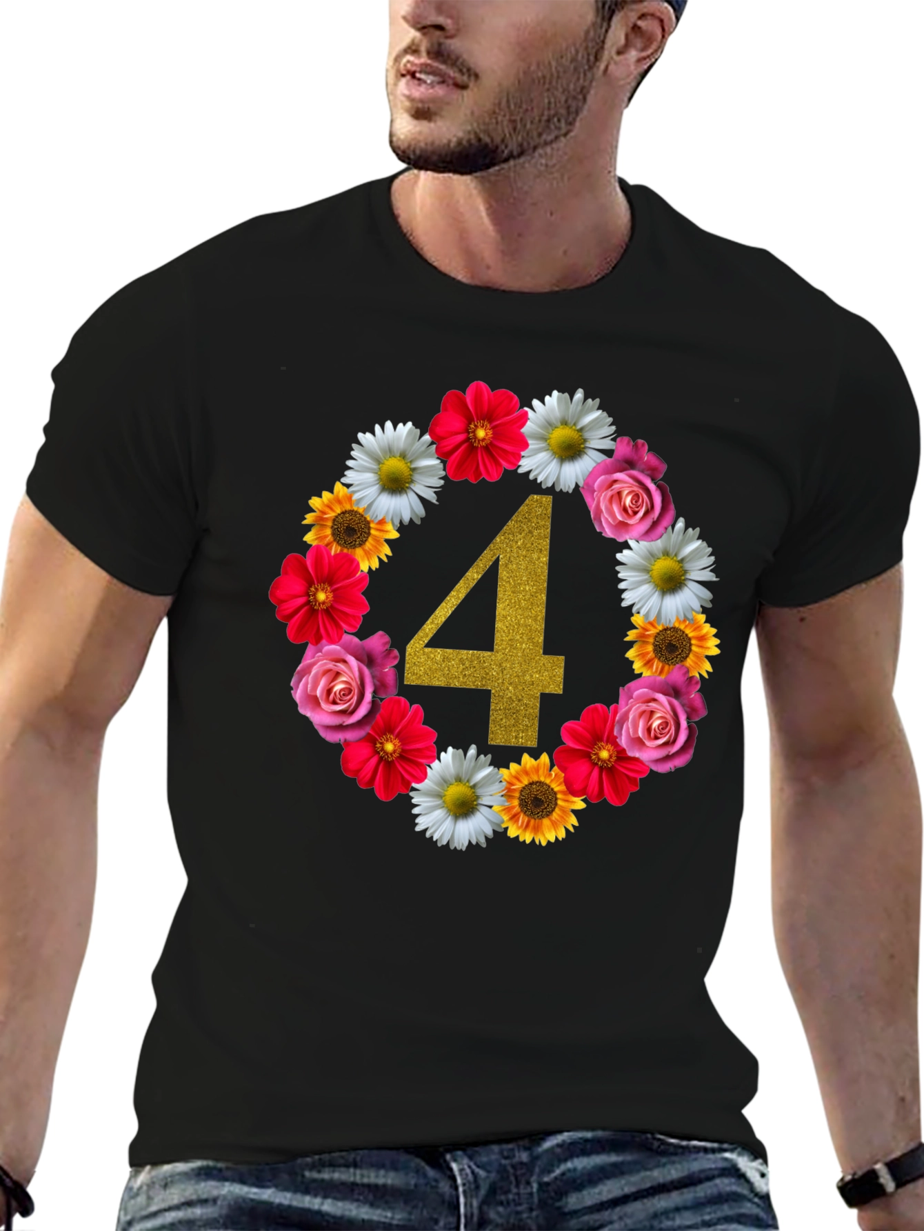 Black Floral Number 4 Birthday T-Shirt view 6