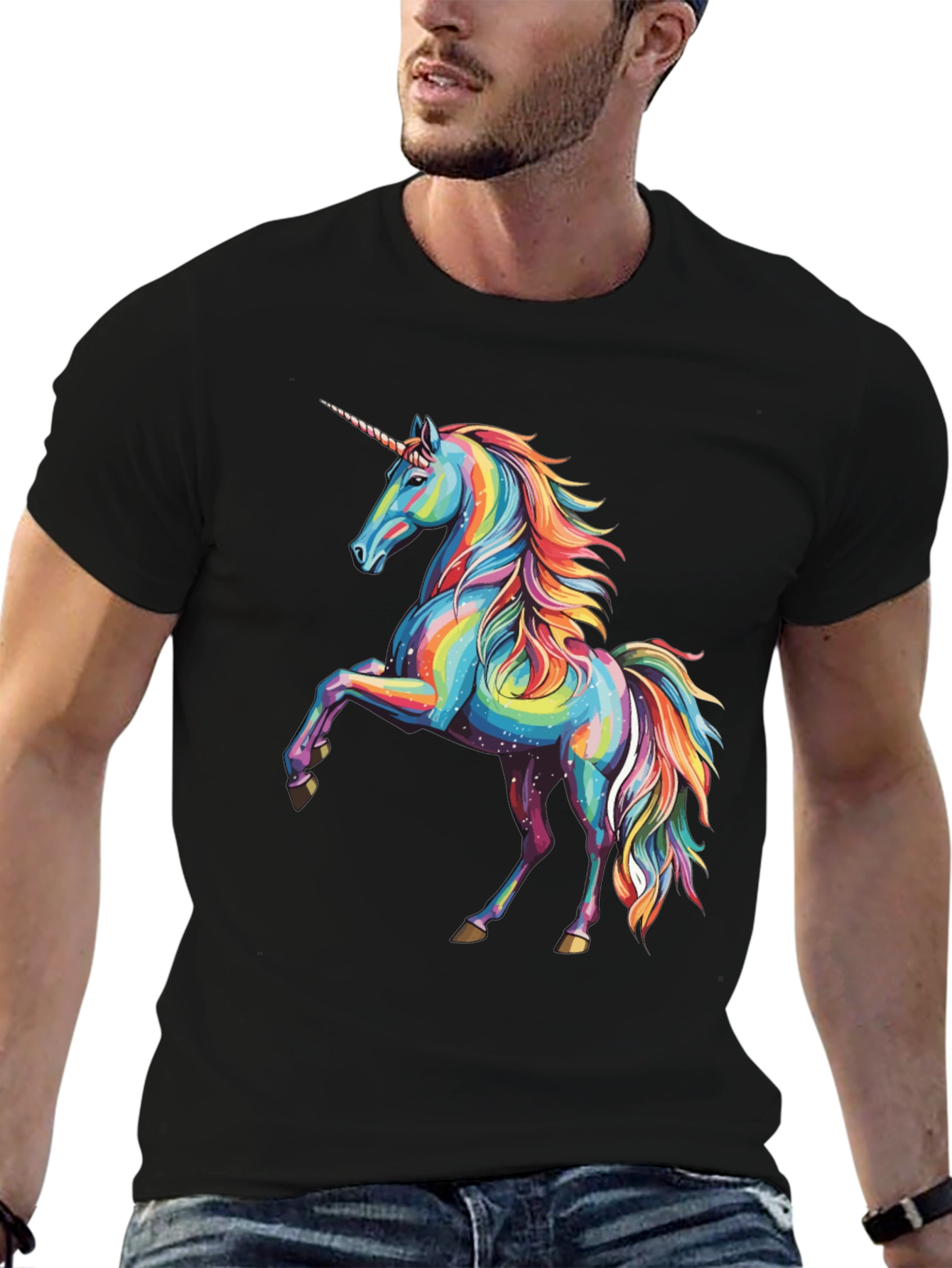 Black Rainbow Unicorn Graphic Print Crew Neck T-Shirt view 6