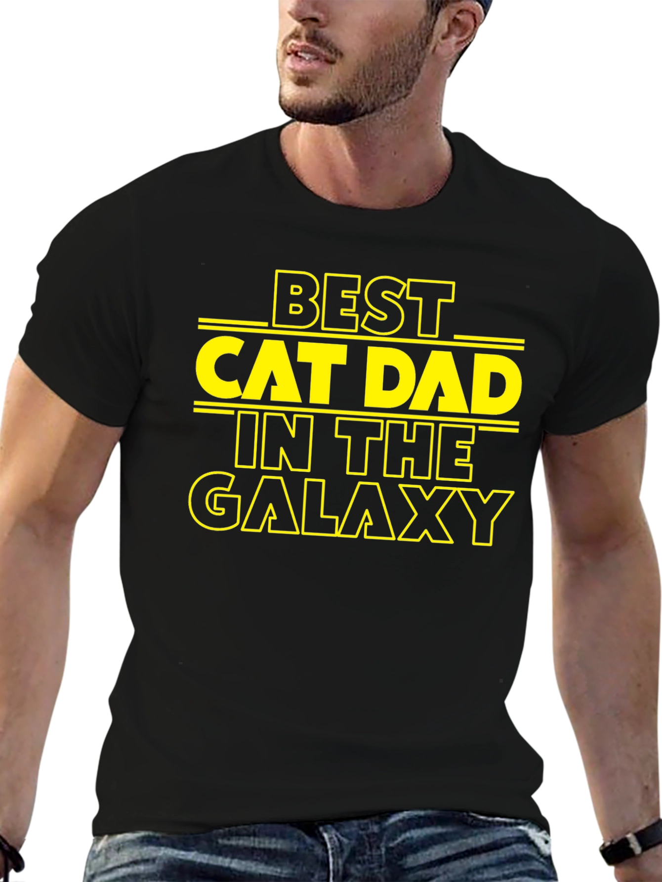 Black Best Cat Dad in the Galaxy Black T-Shirt view 6