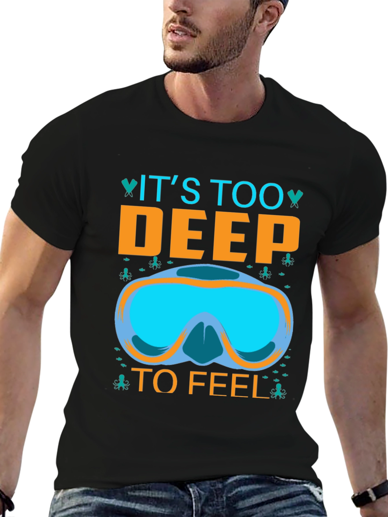 Black It's Too Deep To Feel T-Shirt - Diving Mask Graphic Tee view 6