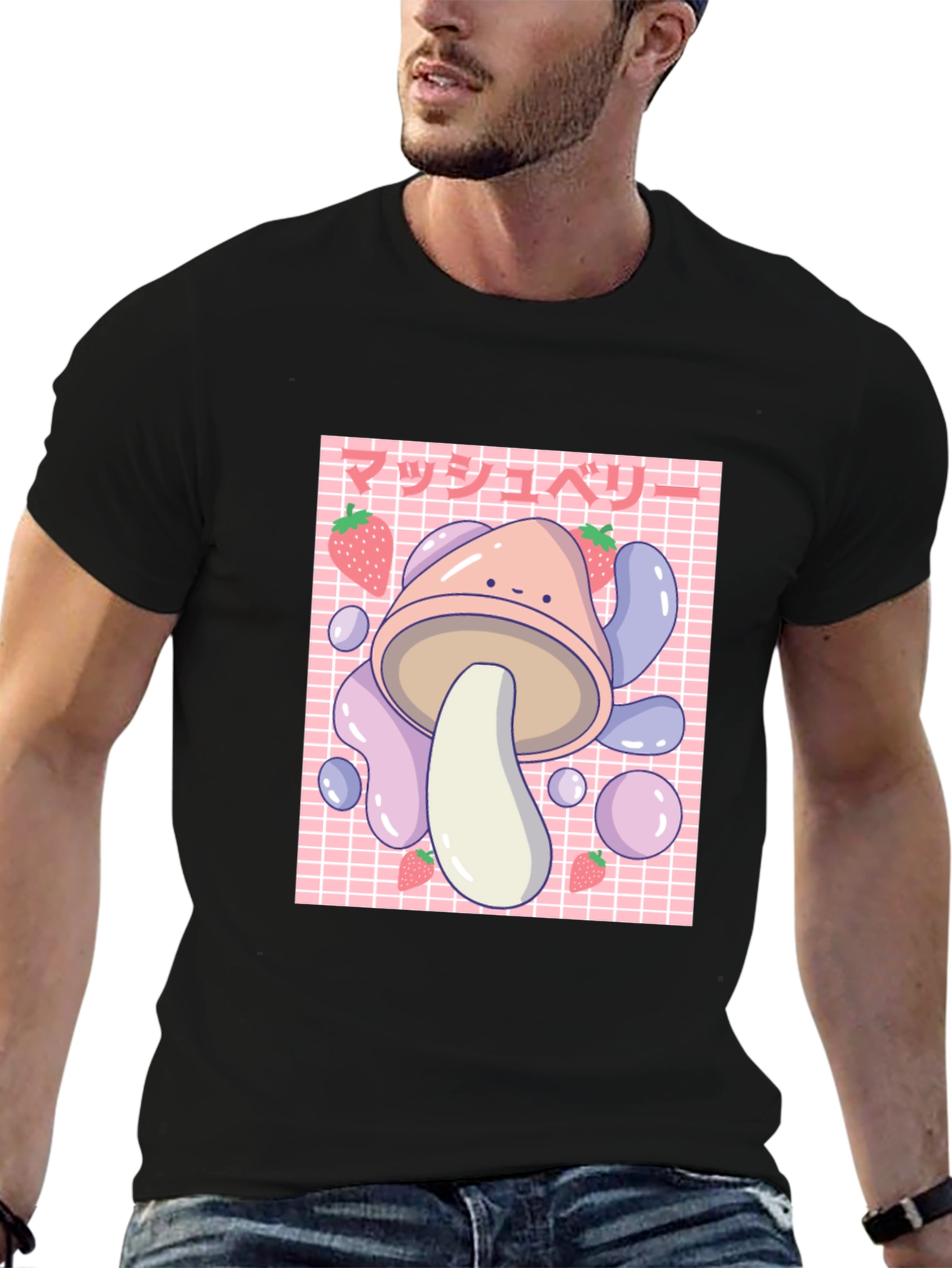 Black Cute Mushroom & Strawberry Graphic T-Shirt view 6