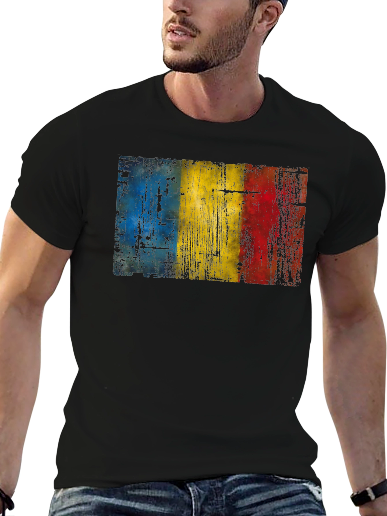 Black Romania Flag Distressed Black T-Shirt view 6