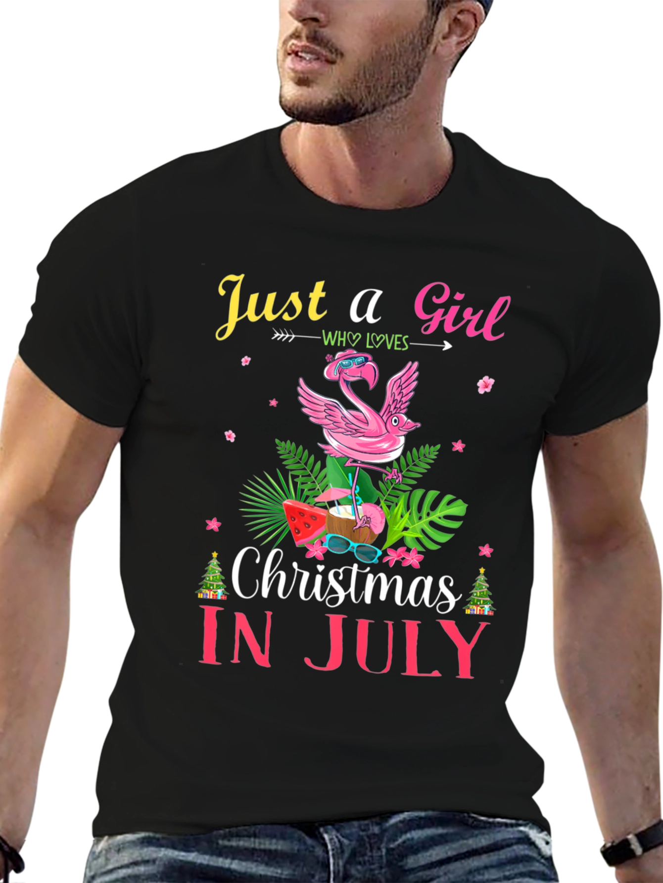 Black Christmas in July Flamingo T-Shirt view 6