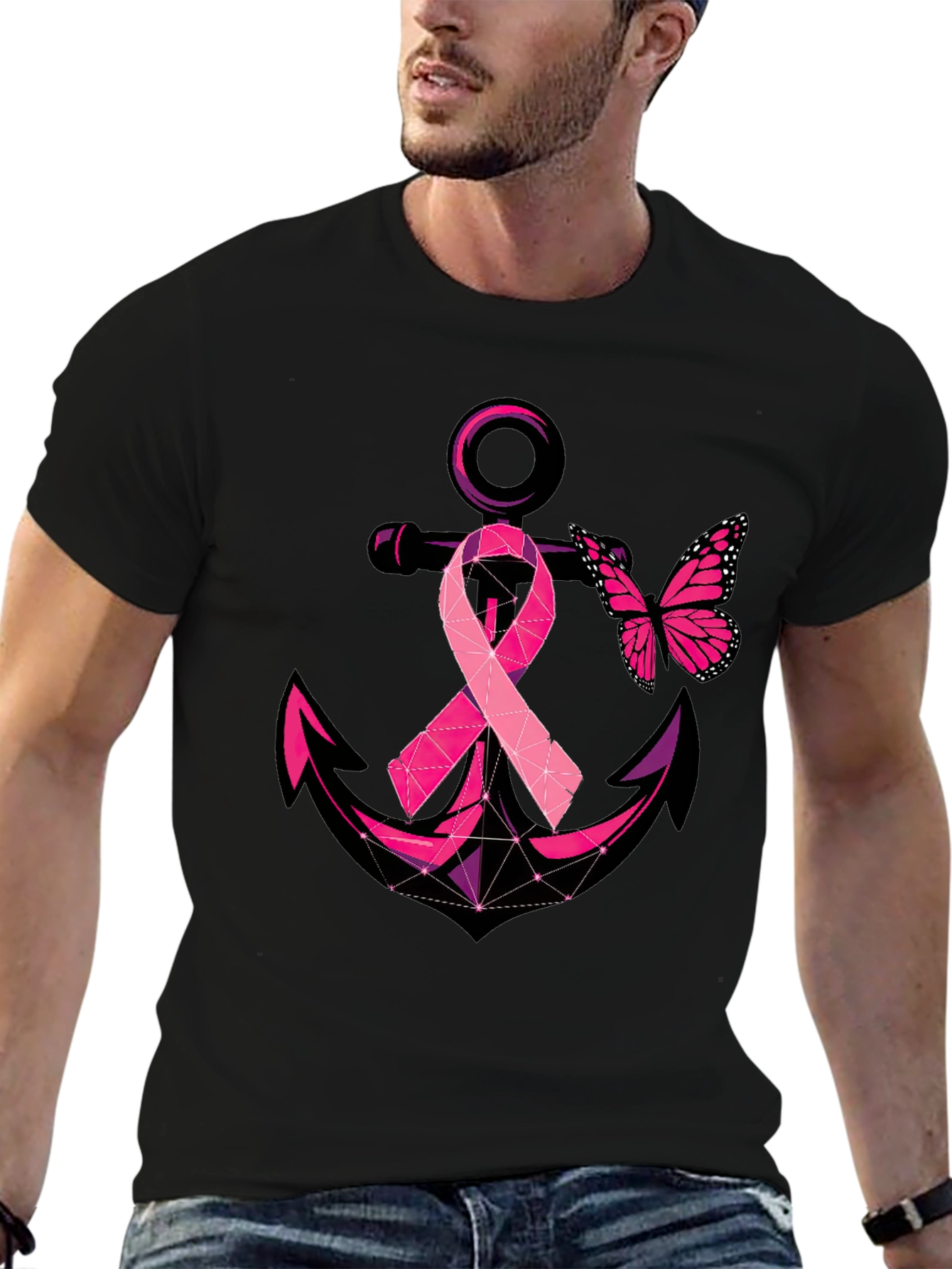 Black Breast Cancer Anchor Butterfly T-Shirt view 6