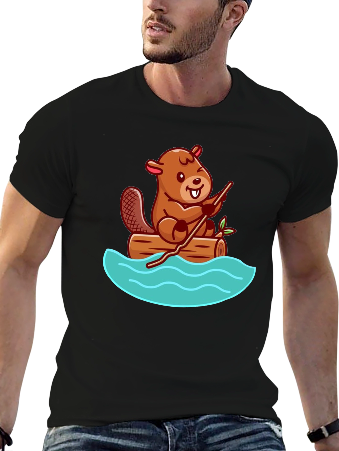 Black Beaver on Log Cartoon T-Shirt - Unisex Crew Neck view 6